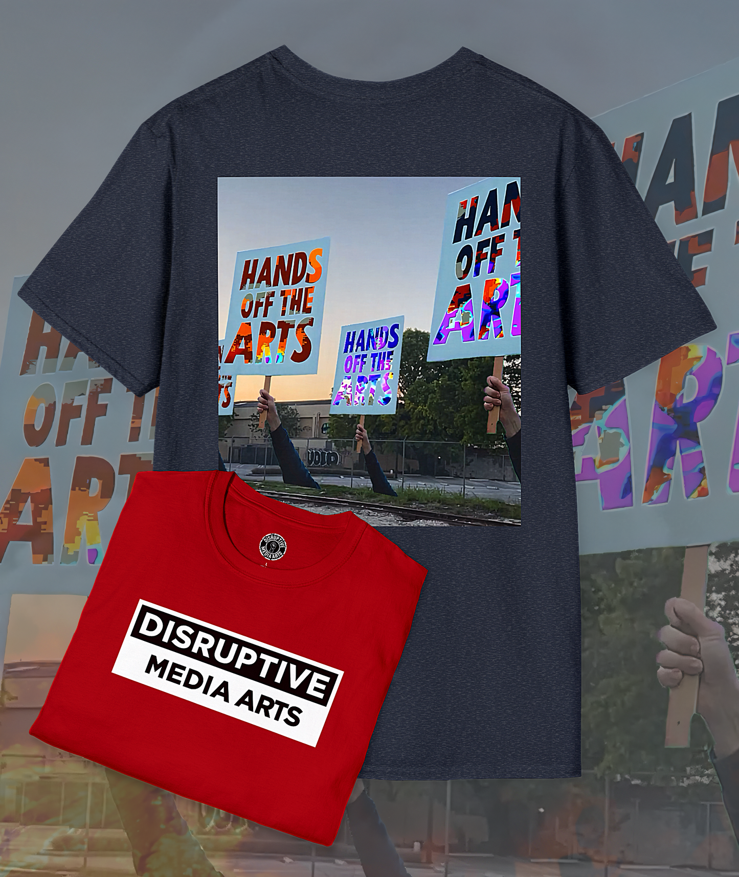 T-Shirt "Hands Off The Arts" Disruptive Media Arts™ Logo Tee – Signal Gear™ Core Uniform [Front + Back Print] Softstyle, Unisex Tee