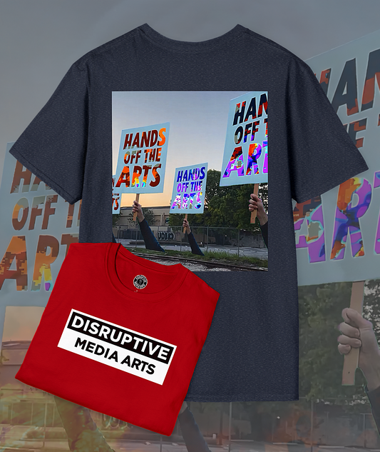 T-Shirt "Hands Off The Arts" Disruptive Media Arts™ Logo Tee – Signal Gear™ Core Uniform [Front + Back Print] Softstyle, Unisex Tee