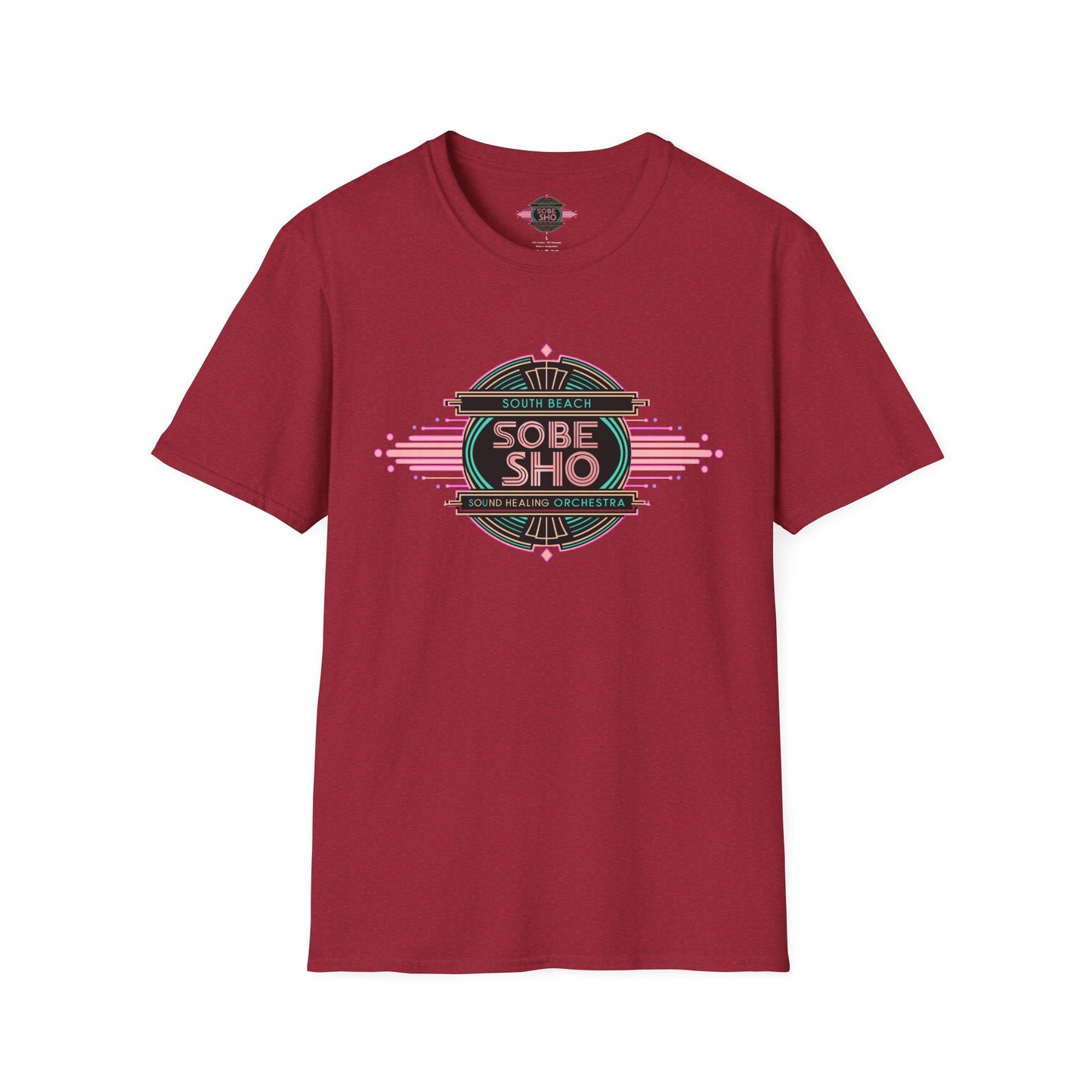 Retro Resonance  Unisex Softstyle T-Shirt, South Beach Sound Healing Orchestra x [dNASAb] merch, Mindful Graphic Tee for Beach Days, Sound Healing Vibes & Everyday Ease (front print only)