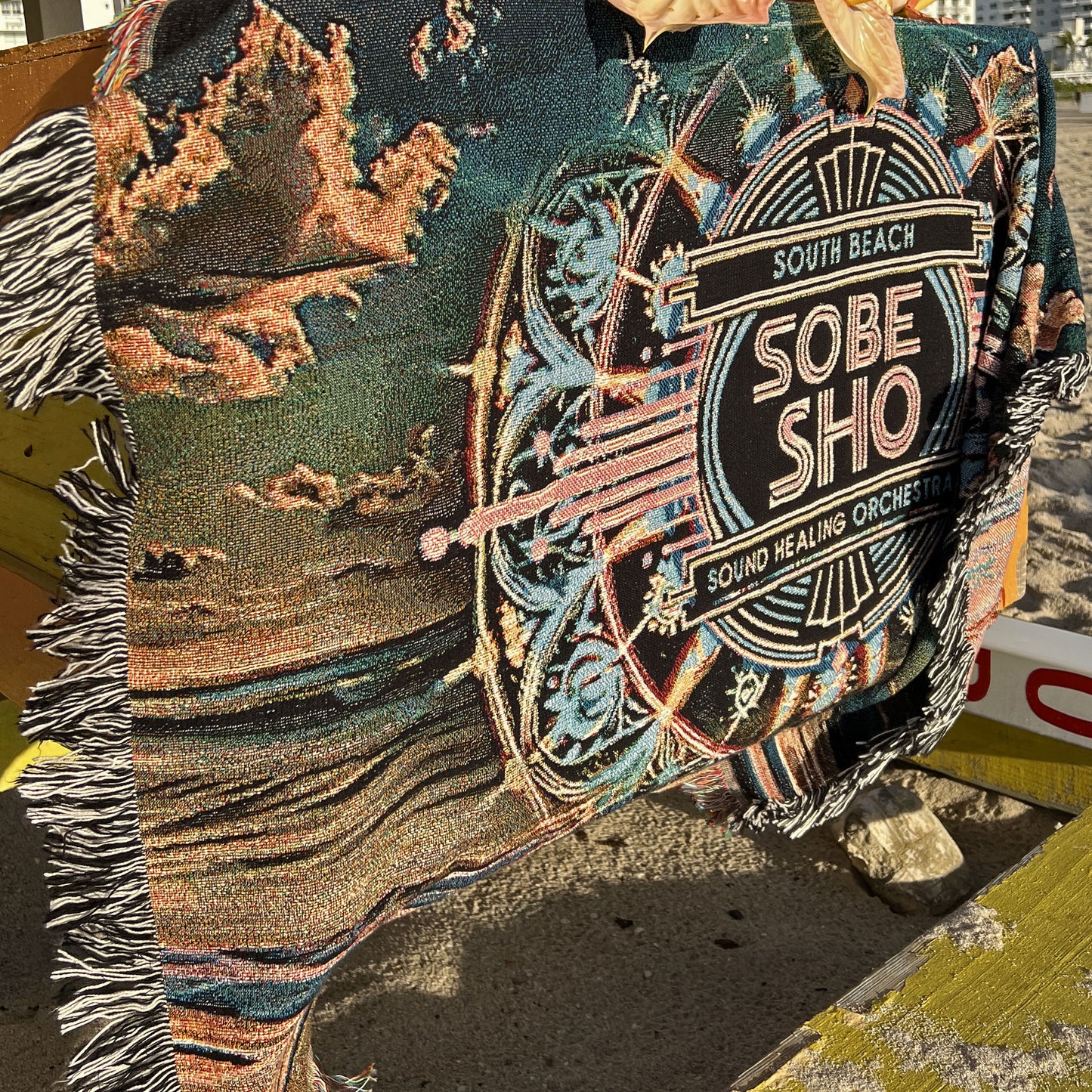 “Rest in Resonance” 100% Cotton, Colorful Woven Blanket, collection from South Beach Sound Healing Orchestra x [dNASAb], Warm Decorative Throw, Ideal Gift for Sound healing sessions, guided meditations, breathwork, yoga