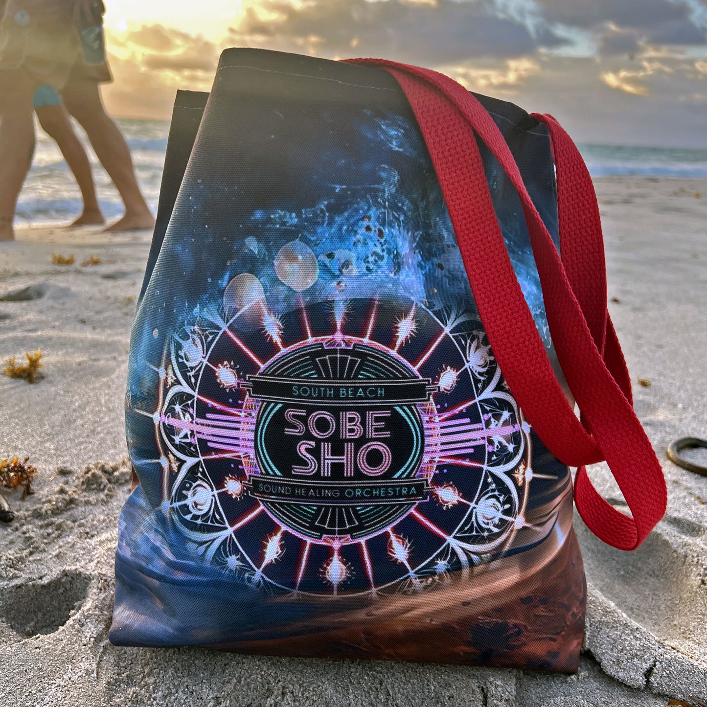 “Carry the Frequency” Vibrant Cosmic Tote Bag | AOP | South Beach Sound Healing Orchestra x [dNASAb] collection, Perfect for Everyday, Beach Days, Gifts, Shopping, Festivals