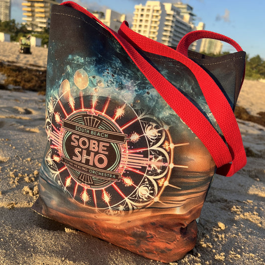 “Carry the Frequency” Vibrant Cosmic Tote Bag | AOP | South Beach Sound Healing Orchestra x [dNASAb] collection, Perfect for Everyday, Beach Days, Gifts, Shopping, Festivals