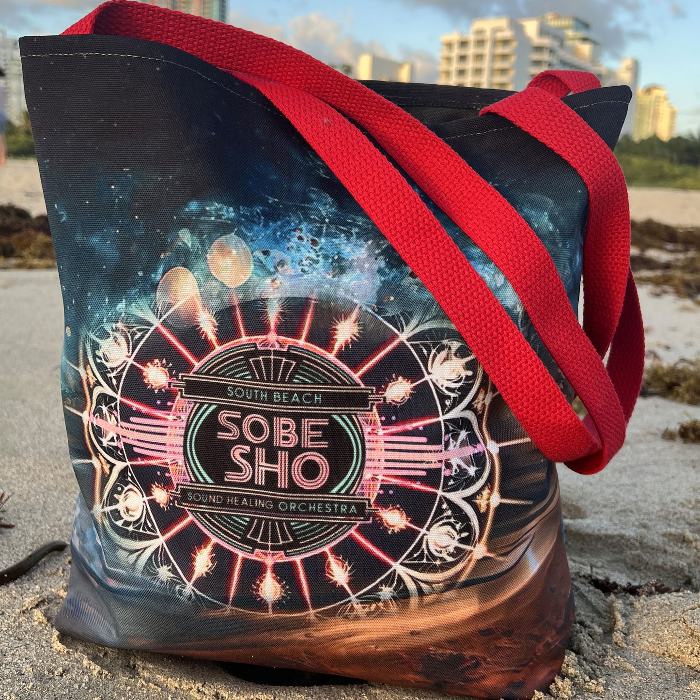 “Carry the Frequency” Vibrant Cosmic Tote Bag | AOP | South Beach Sound Healing Orchestra x [dNASAb] collection, Perfect for Everyday, Beach Days, Gifts, Shopping, Festivals
