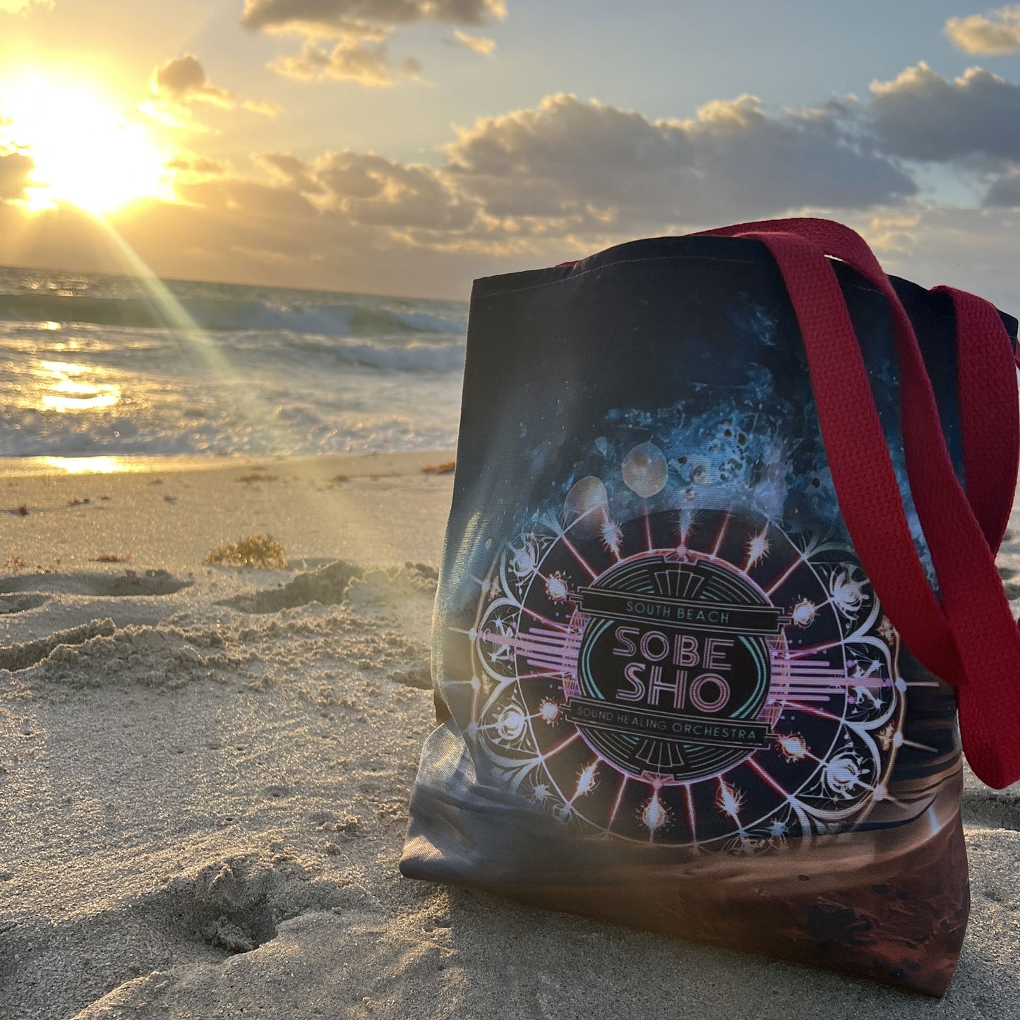 “Carry the Frequency” Vibrant Cosmic Tote Bag | AOP | South Beach Sound Healing Orchestra x [dNASAb] collection, Perfect for Everyday, Beach Days, Gifts, Shopping, Festivals