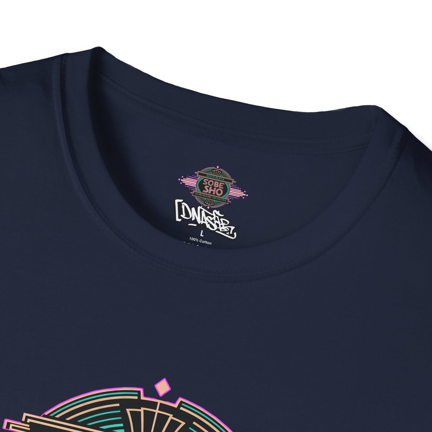 Retro Resonance Unisex Softstyle T-Shirt, South Beach Sound Healing Orchestra x [dNASAb] merch, Mindful Graphic Tee for Beach Days, Sound Healing Vibes [Front +Back Print]