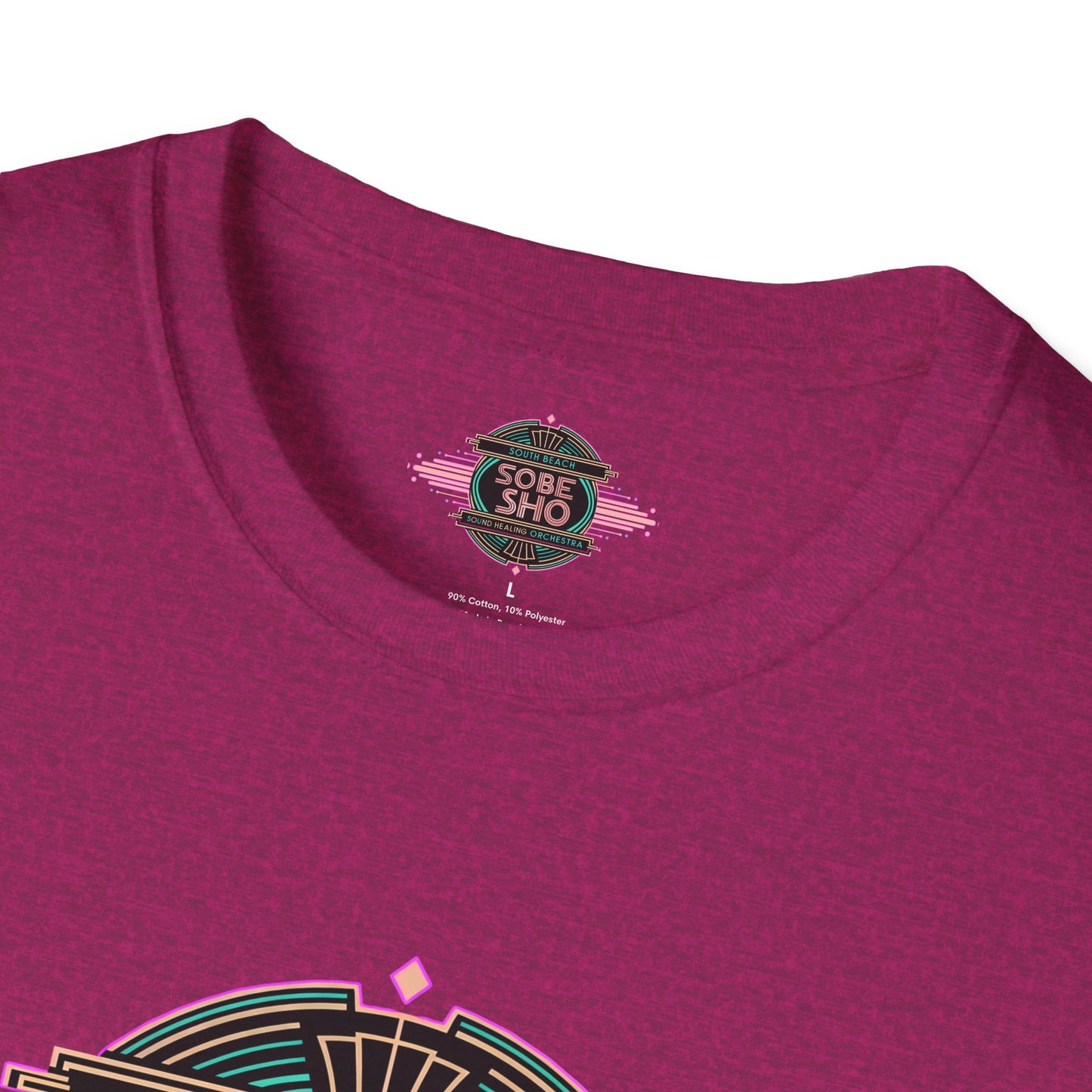 Retro Resonance  Unisex Softstyle T-Shirt, South Beach Sound Healing Orchestra x [dNASAb] merch, Mindful Graphic Tee for Beach Days, Sound Healing Vibes & Everyday Ease (front print only)