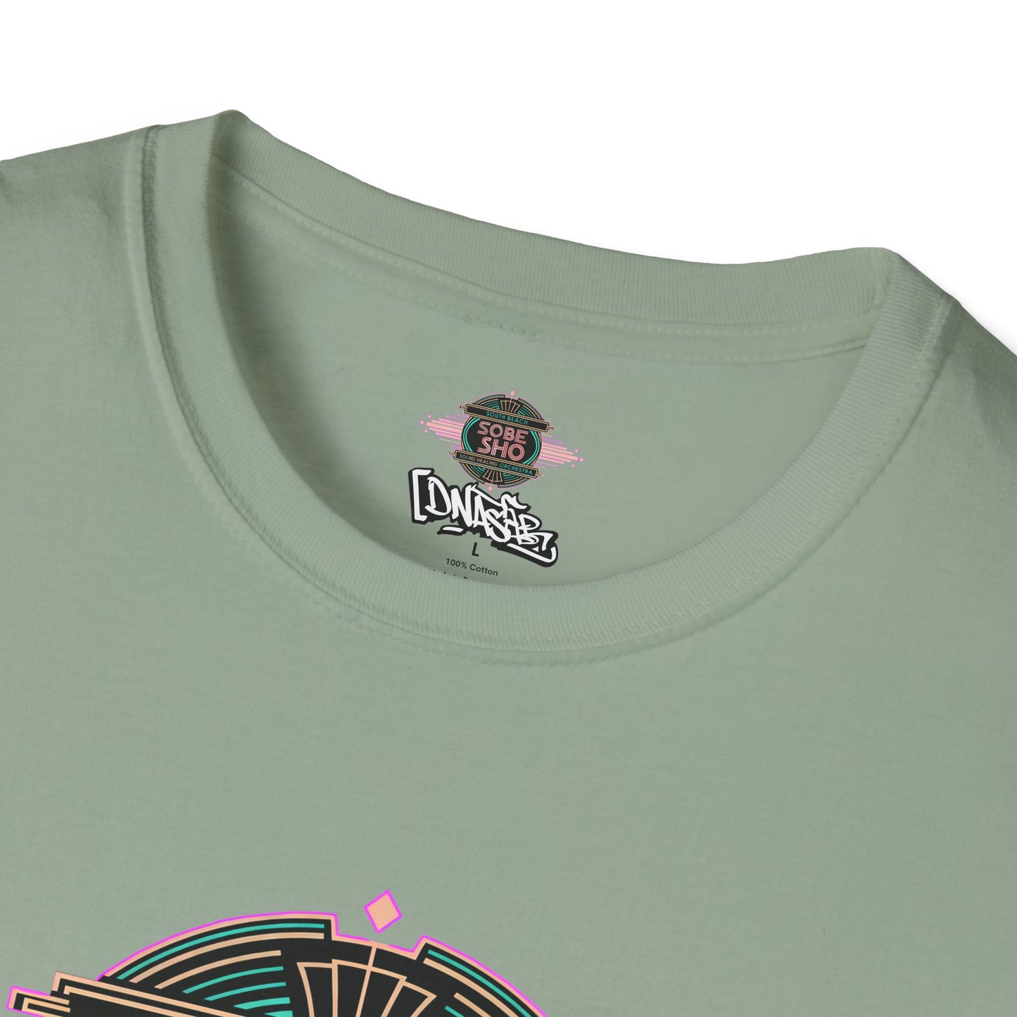 Retro Resonance Unisex Softstyle T-Shirt, South Beach Sound Healing Orchestra x [dNASAb] merch, Mindful Graphic Tee for Beach Days, Sound Healing Vibes [Front +Back Print]