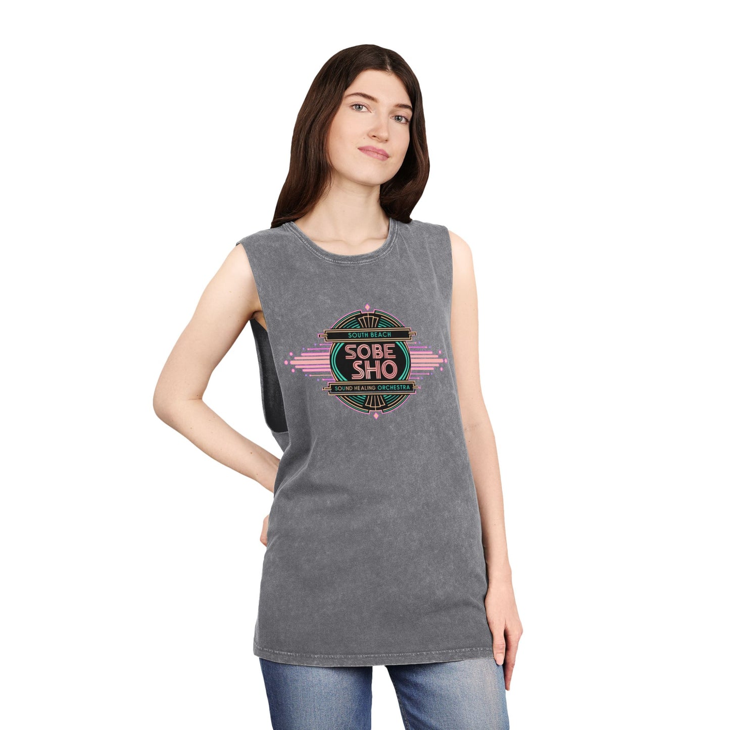 Sunwashed Flow Unisex Stonewash Tank Top, South Beach Sound Healing Orchestra x [dNASAb] collaboration,Breathable Beachwear for Sound Healing Sessions, Movement Practices [Front Print Only]