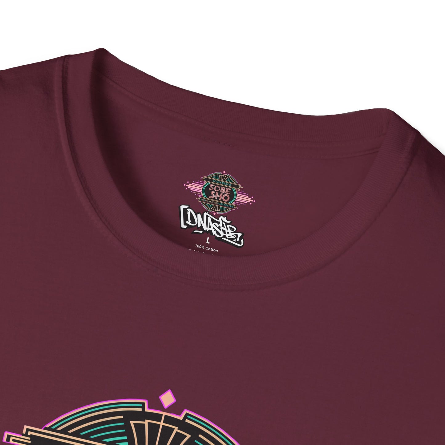 Retro Resonance Unisex Softstyle T-Shirt, South Beach Sound Healing Orchestra x [dNASAb] merch, Mindful Graphic Tee for Beach Days, Sound Healing Vibes [Front +Back Print]