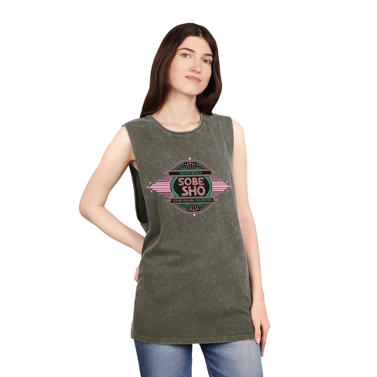 Sunwashed Flow Unisex Stonewash Tank Top, South Beach Sound Healing Orchestra x [dNASAb] collaboration,Breathable Beachwear for Sound Healing Sessions, Movement Practices [Front Print Only]