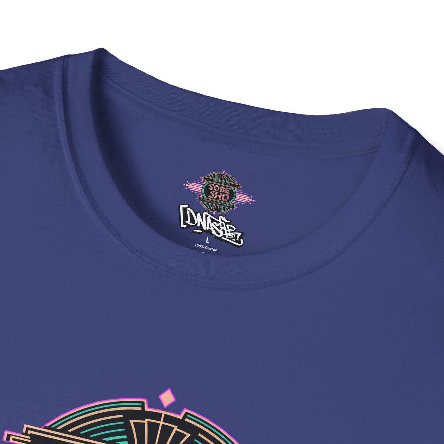 Retro Resonance Unisex Softstyle T-Shirt, South Beach Sound Healing Orchestra x [dNASAb] merch, Mindful Graphic Tee for Beach Days, Sound Healing Vibes [Front +Back Print]