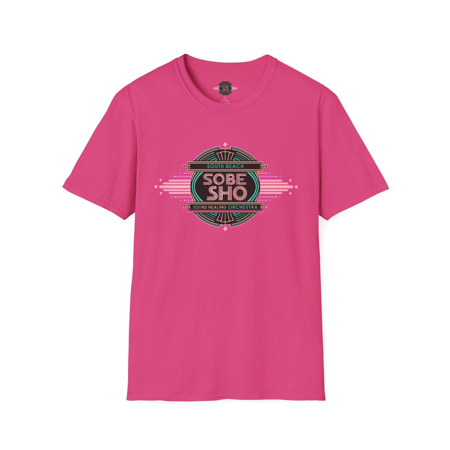 Retro Resonance  Unisex Softstyle T-Shirt, South Beach Sound Healing Orchestra x [dNASAb] merch, Mindful Graphic Tee for Beach Days, Sound Healing Vibes & Everyday Ease (front print only)
