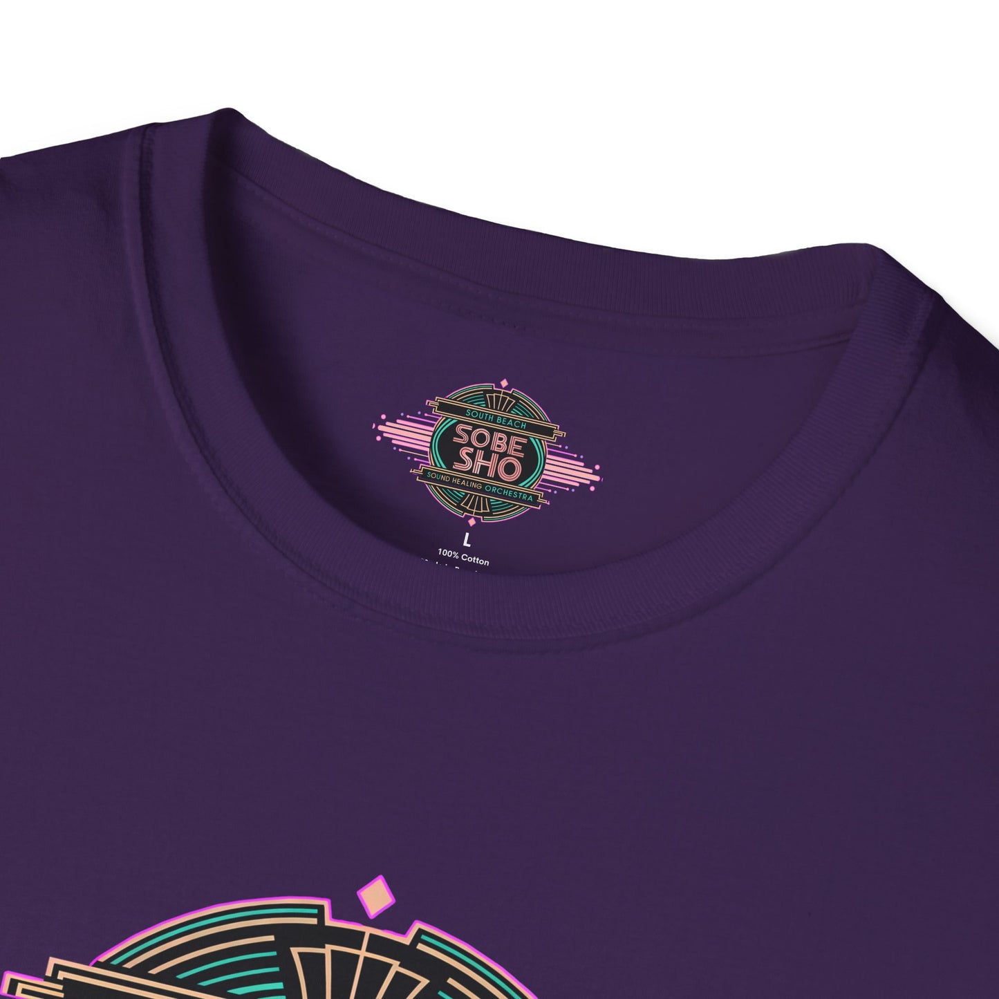 Retro Resonance  Unisex Softstyle T-Shirt, South Beach Sound Healing Orchestra x [dNASAb] merch, Mindful Graphic Tee for Beach Days, Sound Healing Vibes & Everyday Ease (front print only)