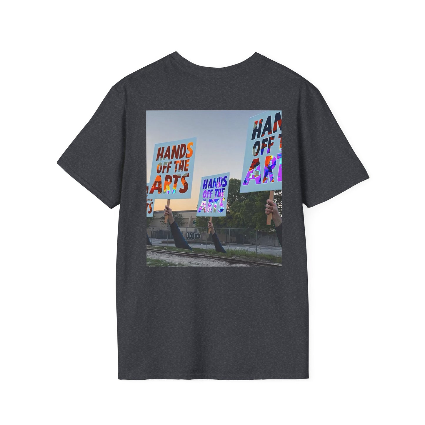 T-Shirt "Hands Off The Arts" Disruptive Media Arts™ Logo Tee – Signal Gear™ Core Uniform [Front + Back Print] Softstyle, Unisex Tee