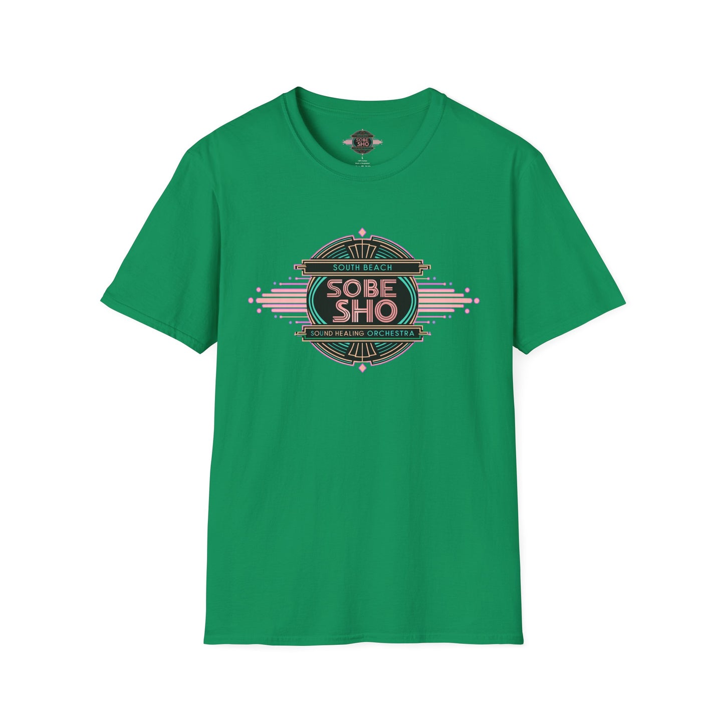 Retro Resonance  Unisex Softstyle T-Shirt, South Beach Sound Healing Orchestra x [dNASAb] merch, Mindful Graphic Tee for Beach Days, Sound Healing Vibes & Everyday Ease (front print only)