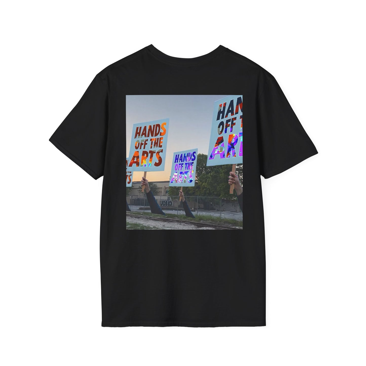 T-Shirt "Hands Off The Arts" Disruptive Media Arts™ Logo Tee – Signal Gear™ Core Uniform [Front + Back Print] Softstyle, Unisex Tee