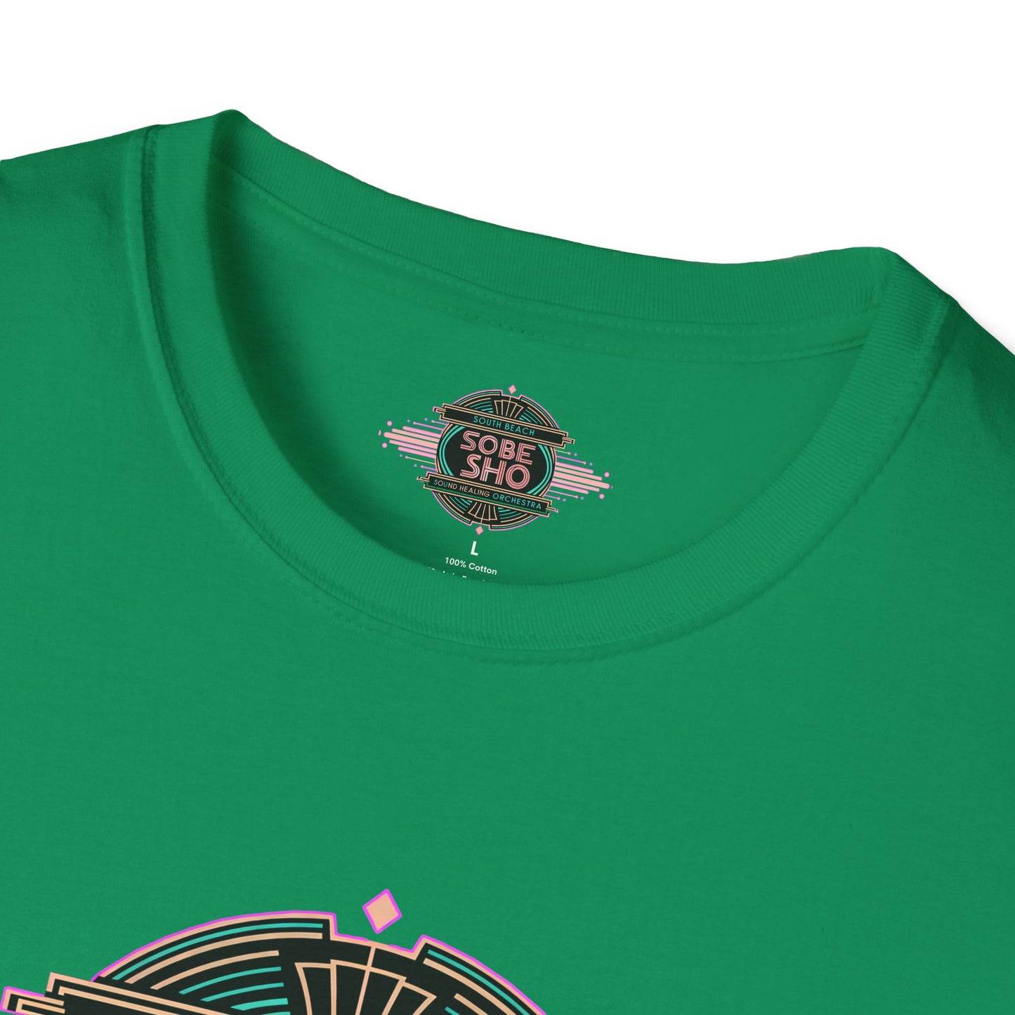 Retro Resonance  Unisex Softstyle T-Shirt, South Beach Sound Healing Orchestra x [dNASAb] merch, Mindful Graphic Tee for Beach Days, Sound Healing Vibes & Everyday Ease (front print only)