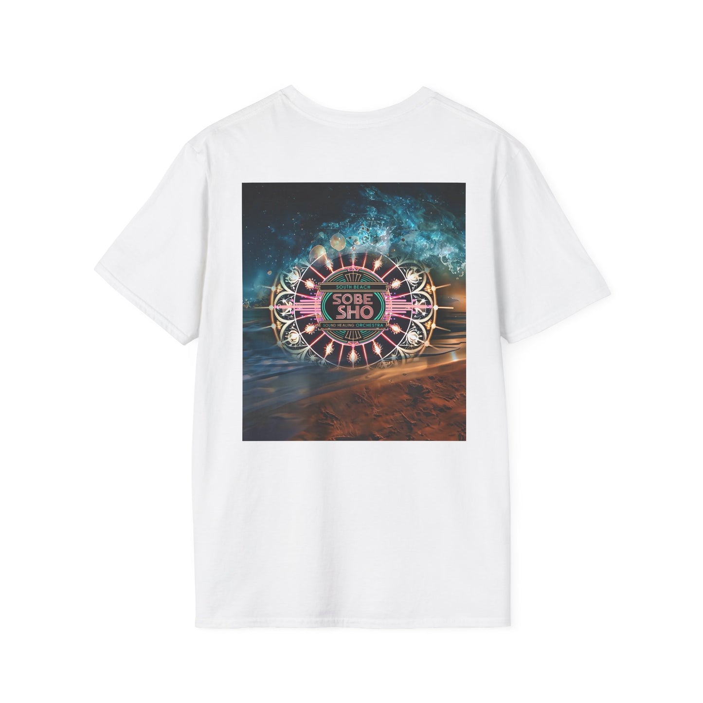 Retro Resonance Unisex Softstyle T-Shirt, South Beach Sound Healing Orchestra x [dNASAb] merch, Mindful Graphic Tee for Beach Days, Sound Healing Vibes [Front +Back Print]