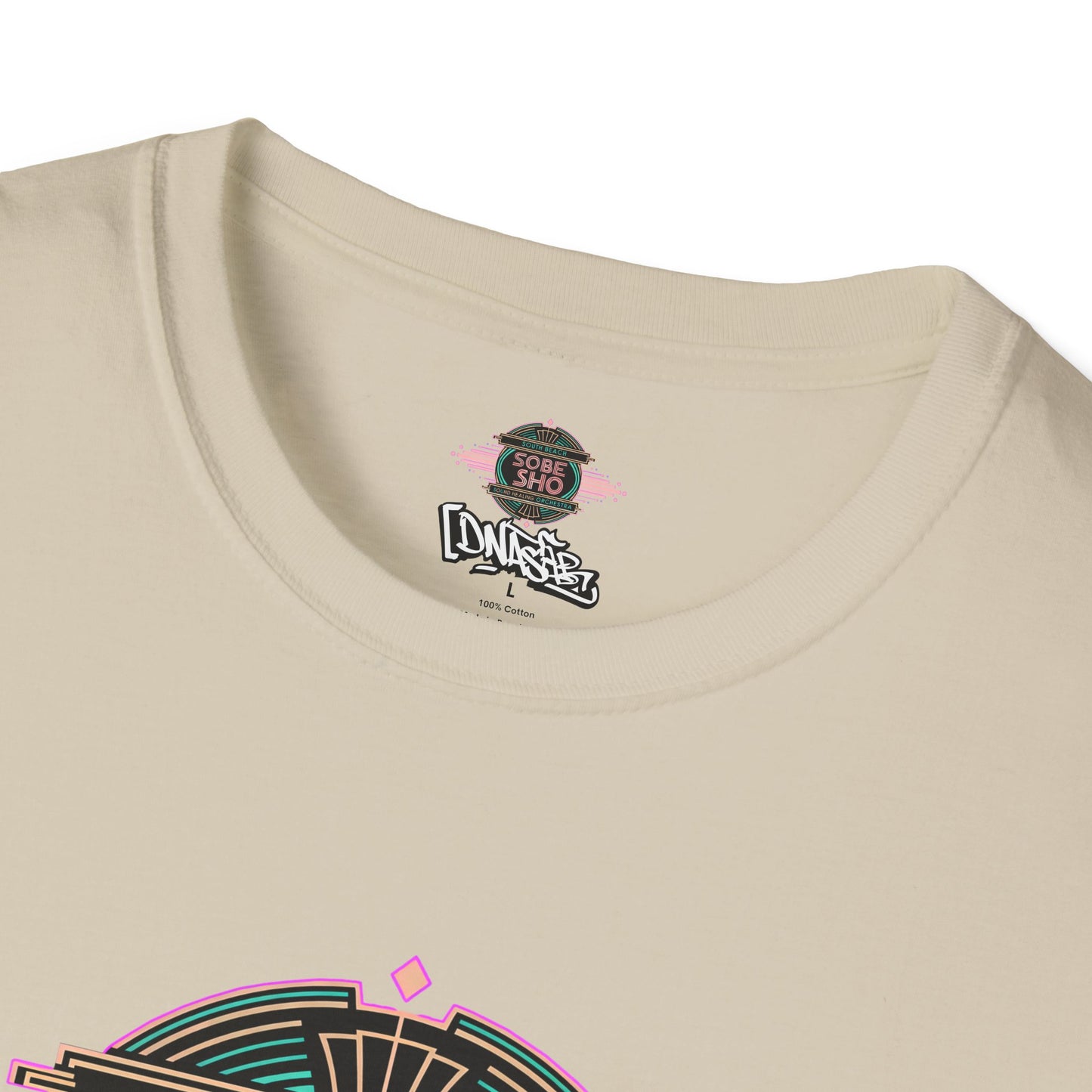 Retro Resonance Unisex Softstyle T-Shirt, South Beach Sound Healing Orchestra x [dNASAb] merch, Mindful Graphic Tee for Beach Days, Sound Healing Vibes [Front +Back Print]