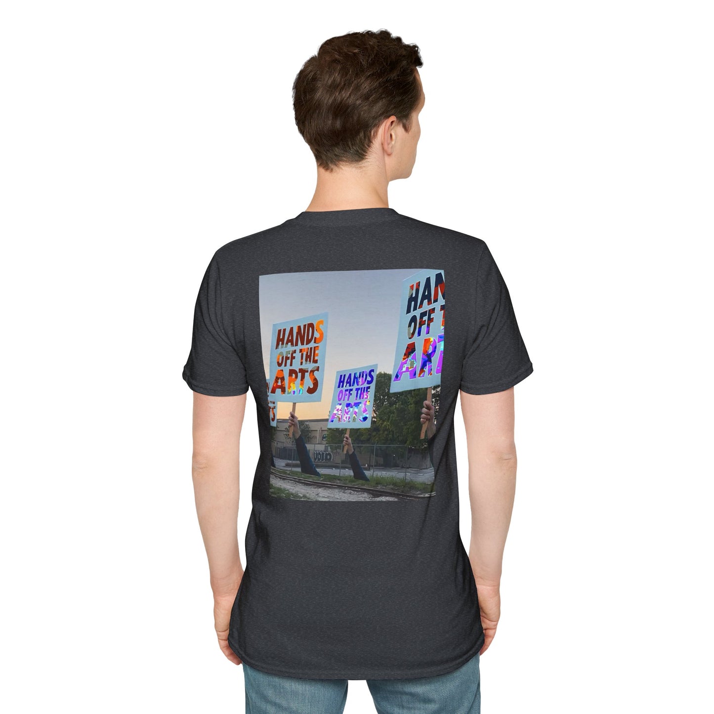 T-Shirt "Hands Off The Arts" Disruptive Media Arts™ Logo Tee – Signal Gear™ Core Uniform [Front + Back Print] Softstyle, Unisex Tee