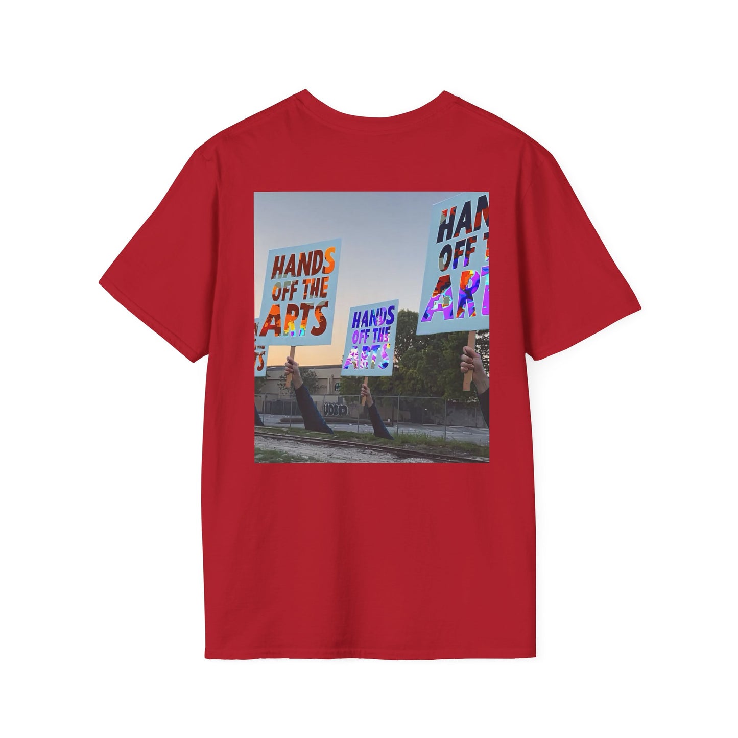 T-Shirt "Hands Off The Arts" Disruptive Media Arts™ Logo Tee – Signal Gear™ Core Uniform [Front + Back Print] Softstyle, Unisex Tee
