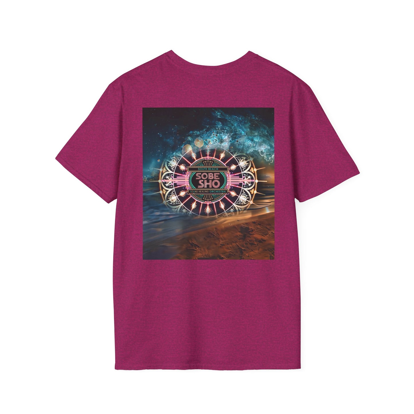 Retro Resonance Unisex Softstyle T-Shirt, South Beach Sound Healing Orchestra x [dNASAb] merch, Mindful Graphic Tee for Beach Days, Sound Healing Vibes [Front +Back Print]
