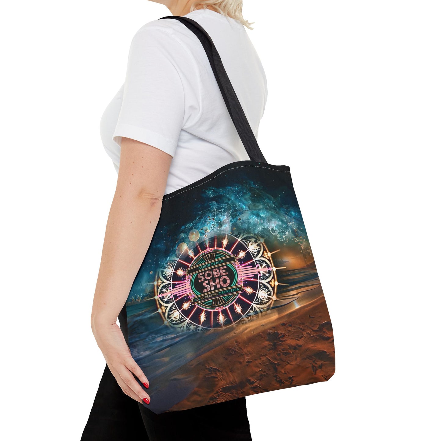 “Carry the Frequency” Vibrant Cosmic Tote Bag | AOP | South Beach Sound Healing Orchestra x [dNASAb] collection, Perfect for Everyday, Beach Days, Gifts, Shopping, Festivals