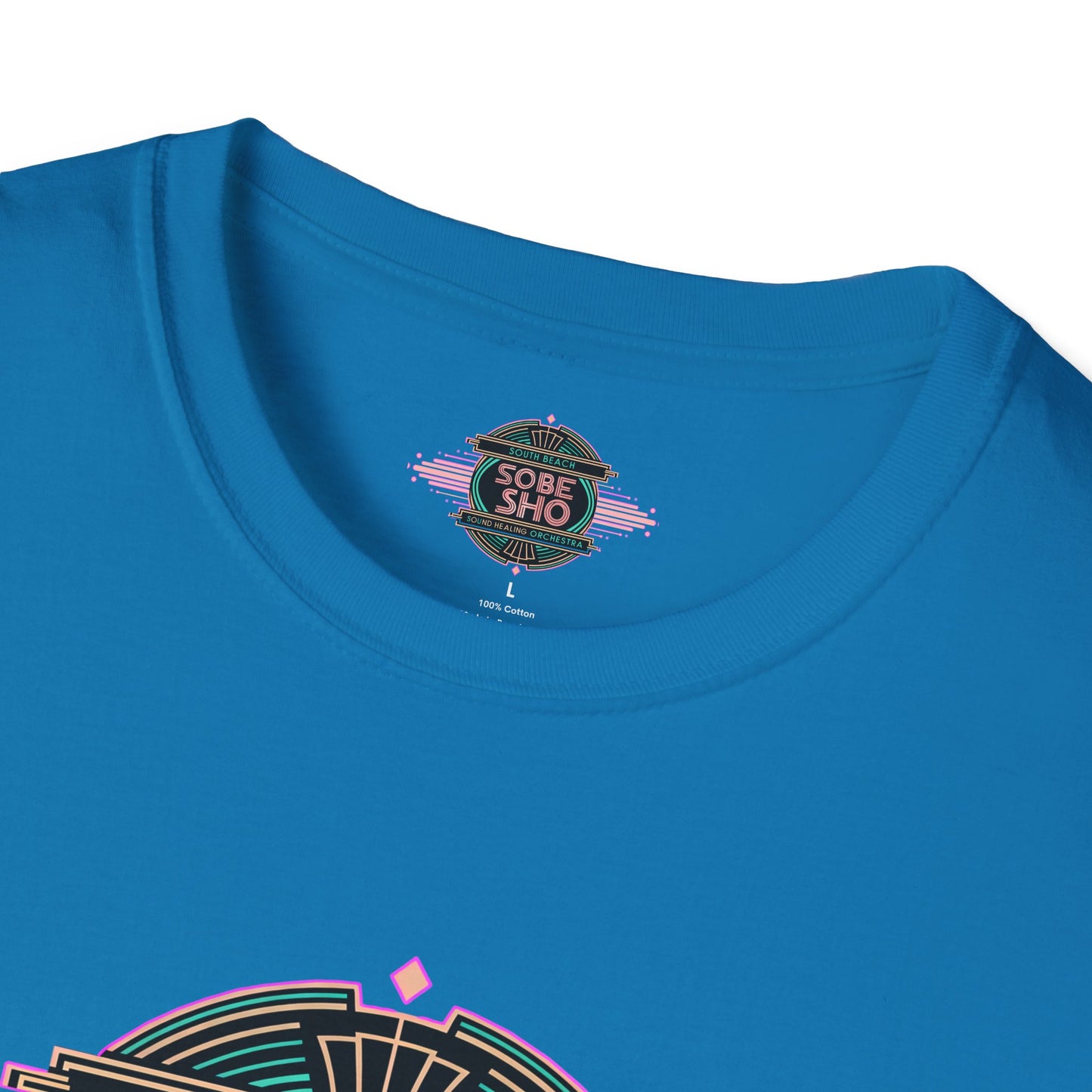Retro Resonance  Unisex Softstyle T-Shirt, South Beach Sound Healing Orchestra x [dNASAb] merch, Mindful Graphic Tee for Beach Days, Sound Healing Vibes & Everyday Ease (front print only)
