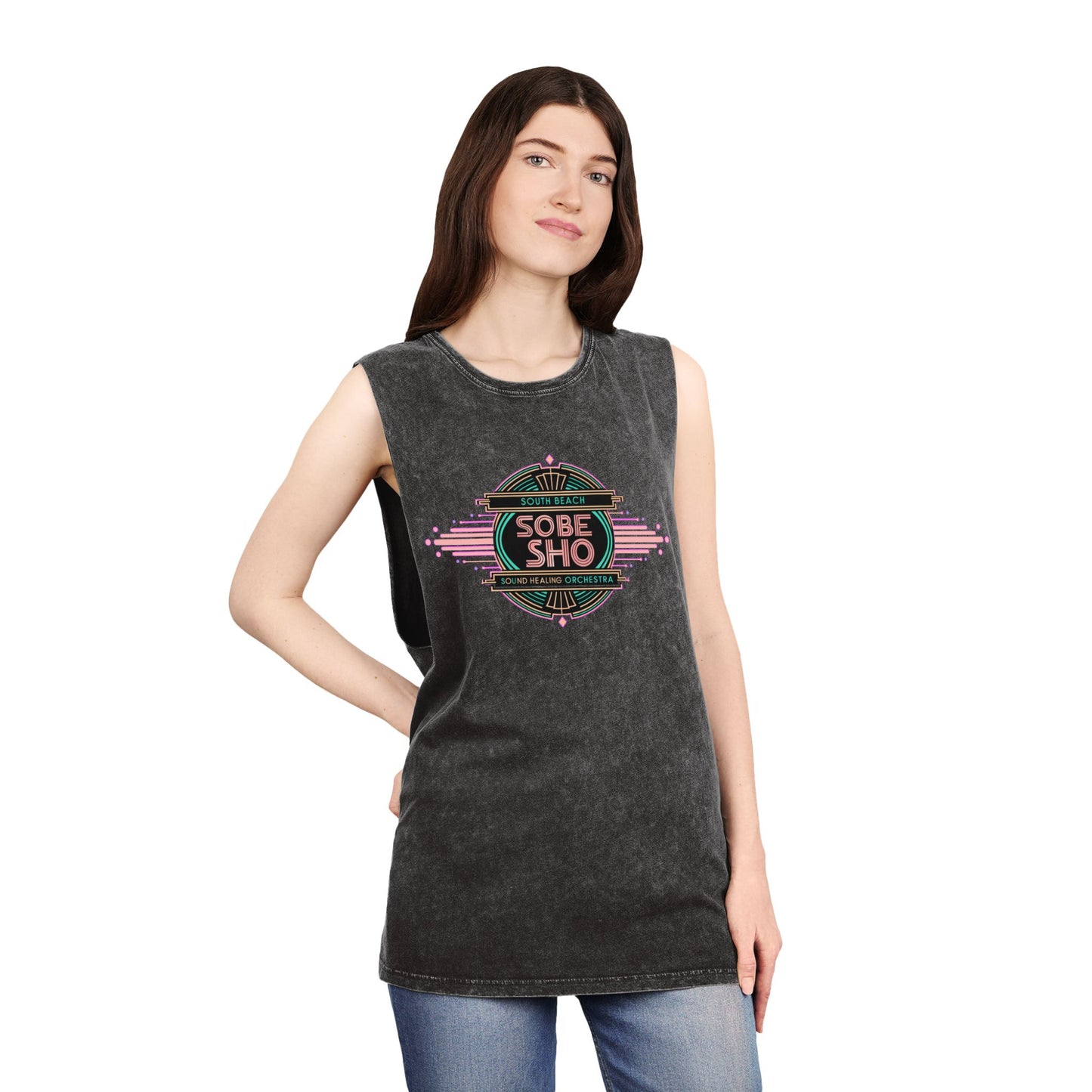 Sunwashed Flow Unisex Stonewash Tank Top, South Beach Sound Healing Orchestra x [dNASAb] collaboration,Breathable Beachwear for Sound Healing Sessions, Movement Practices [Front Print Only]