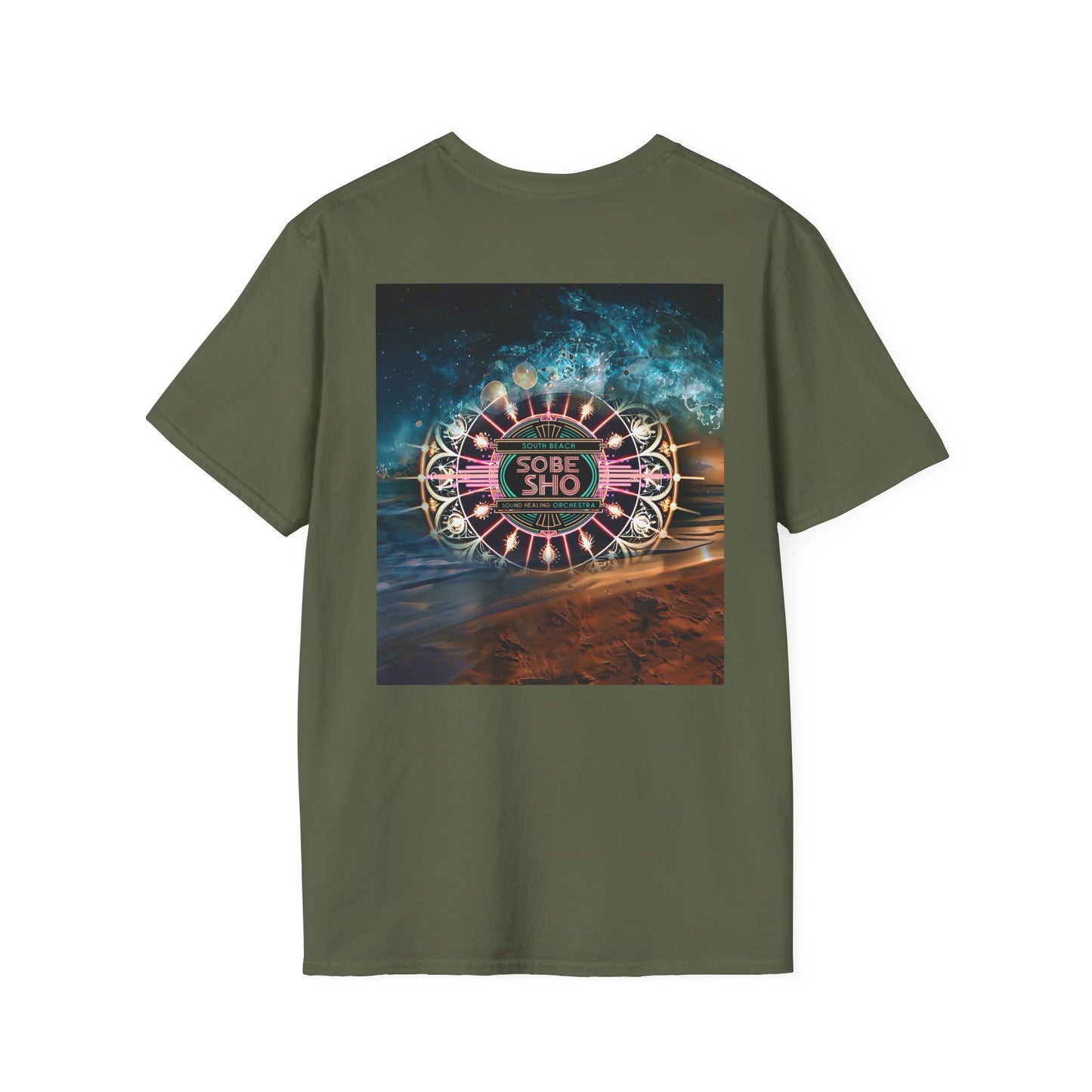 Retro Resonance Unisex Softstyle T-Shirt, South Beach Sound Healing Orchestra x [dNASAb] merch, Mindful Graphic Tee for Beach Days, Sound Healing Vibes [Front +Back Print]