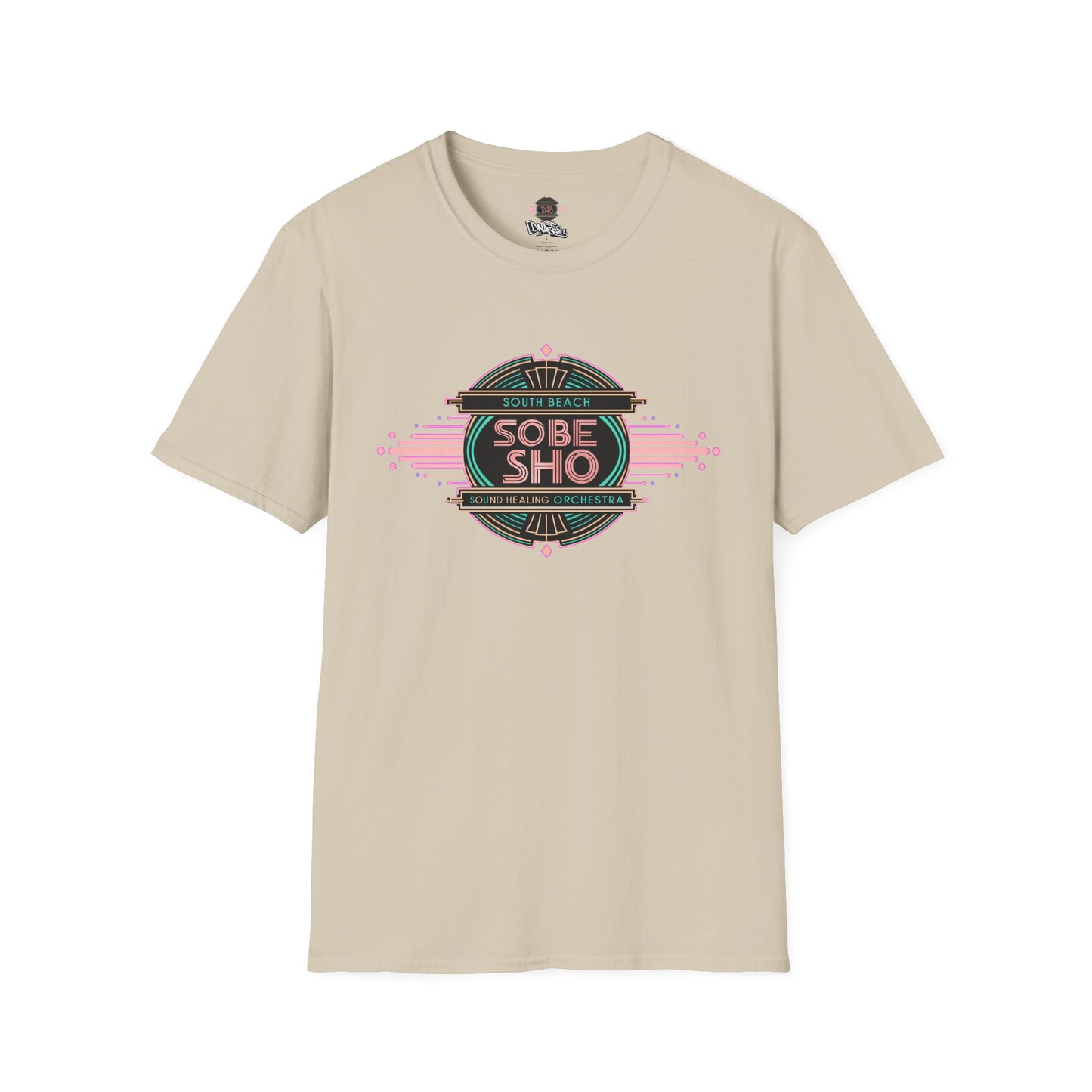 Retro Resonance Unisex Softstyle T-Shirt, South Beach Sound Healing Orchestra x [dNASAb] merch, Mindful Graphic Tee for Beach Days, Sound Healing Vibes [Front +Back Print]