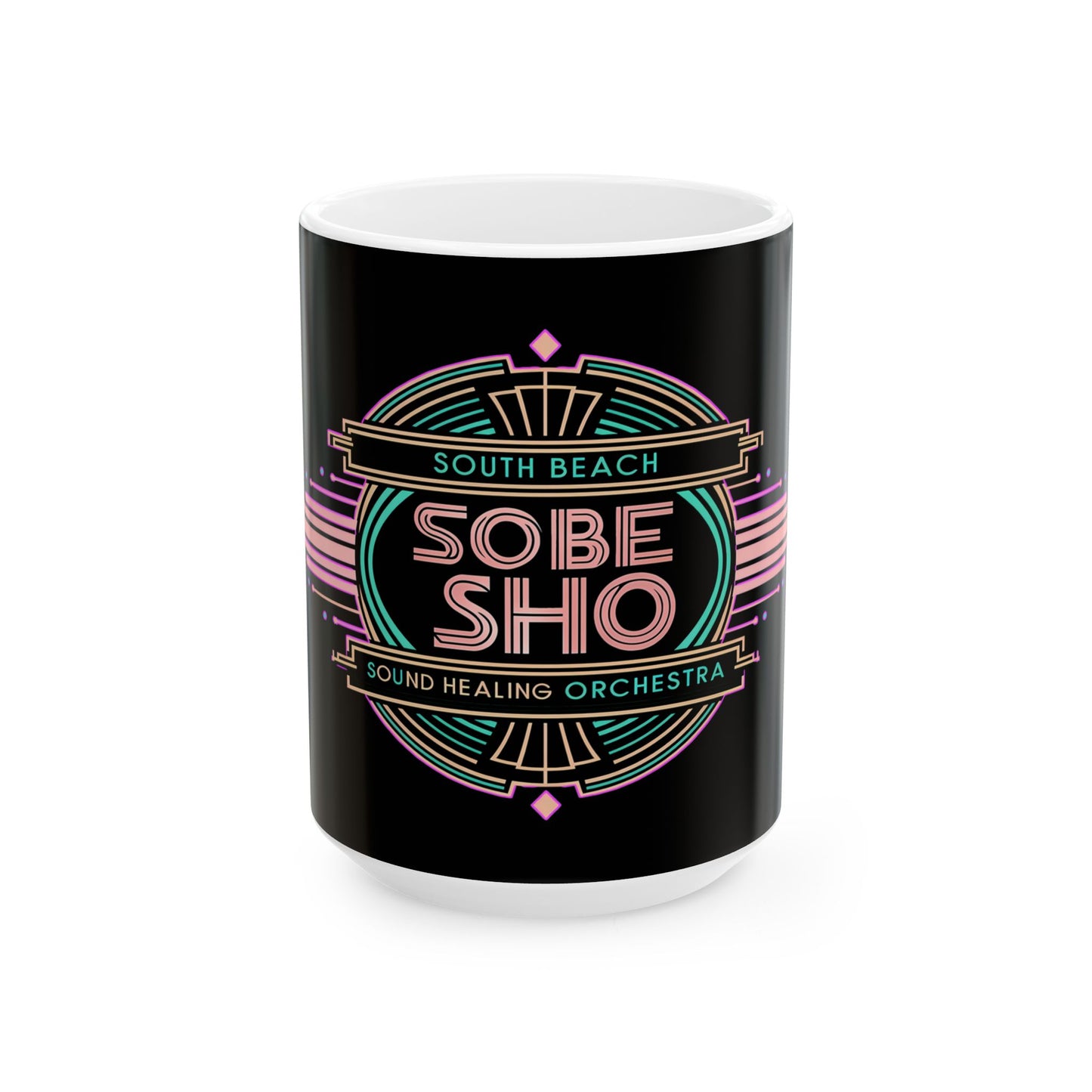 SoBe Sho Neon Art Deco Ceramic Mug — South Beach Sound Healing Orchestra (11oz, 15oz)