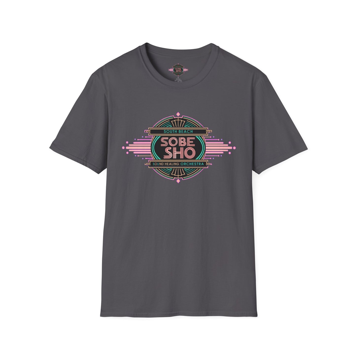 Retro Resonance  Unisex Softstyle T-Shirt, South Beach Sound Healing Orchestra x [dNASAb] merch, Mindful Graphic Tee for Beach Days, Sound Healing Vibes & Everyday Ease (front print only)