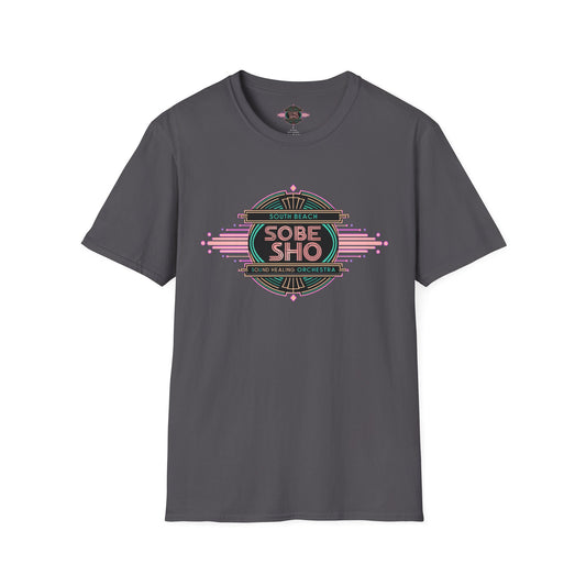 Retro Resonance  Unisex Softstyle T-Shirt, South Beach Sound Healing Orchestra x [dNASAb] merch, Mindful Graphic Tee for Beach Days, Sound Healing Vibes & Everyday Ease (front print only)
