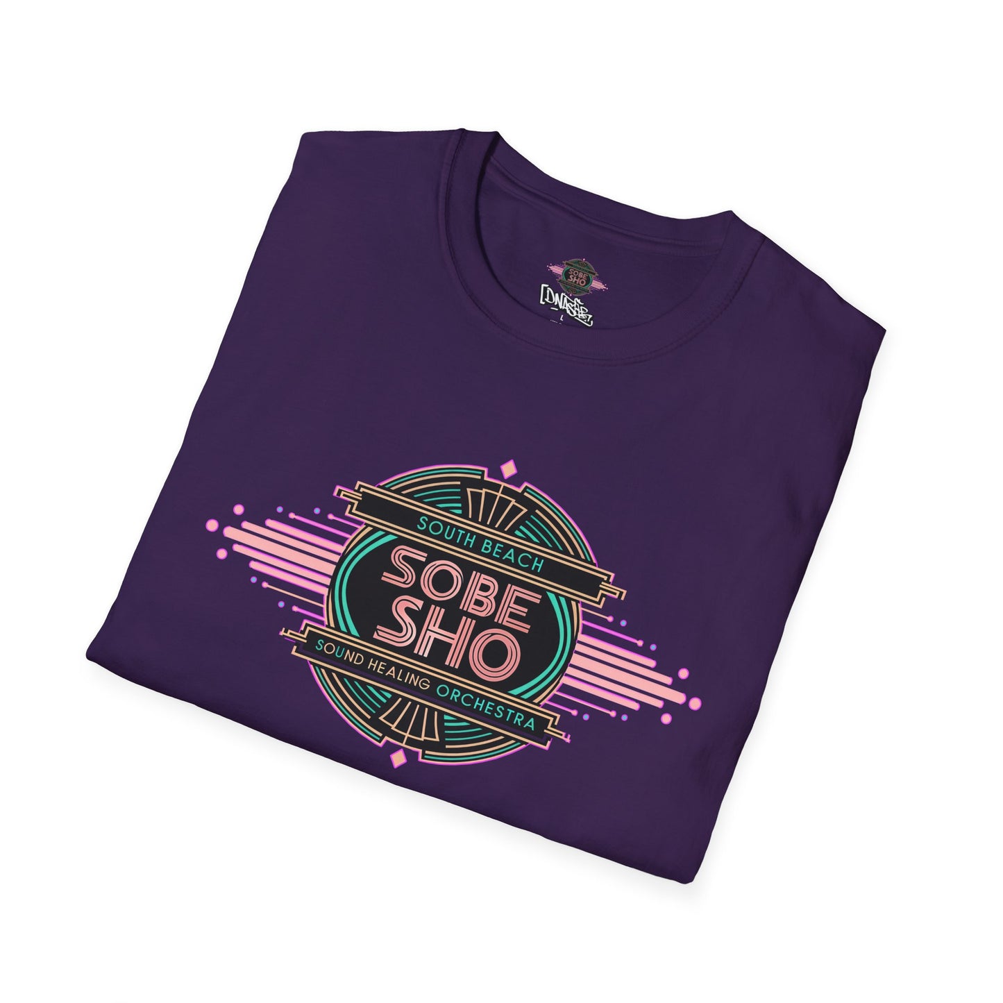 Retro Resonance Unisex Softstyle T-Shirt, South Beach Sound Healing Orchestra x [dNASAb] merch, Mindful Graphic Tee for Beach Days, Sound Healing Vibes [Front +Back Print]