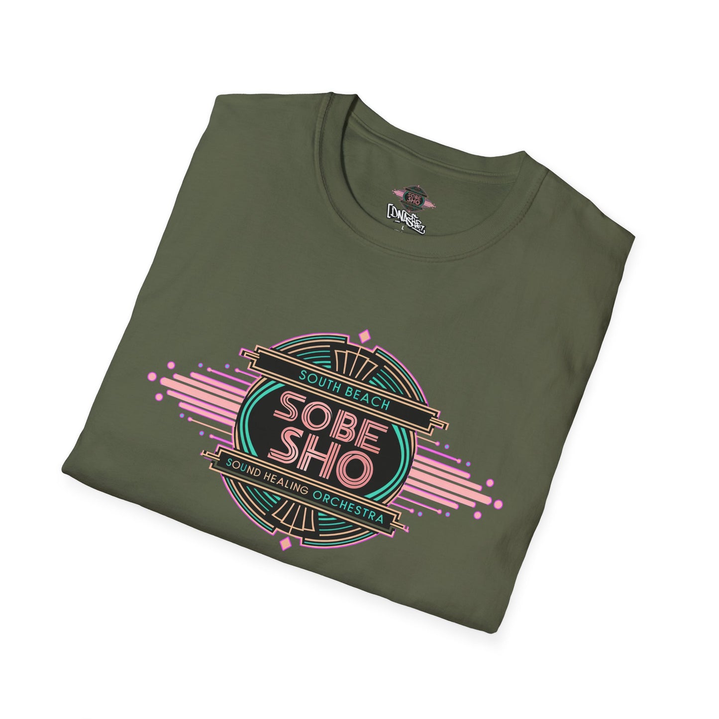 Retro Resonance Unisex Softstyle T-Shirt, South Beach Sound Healing Orchestra x [dNASAb] merch, Mindful Graphic Tee for Beach Days, Sound Healing Vibes [Front +Back Print]