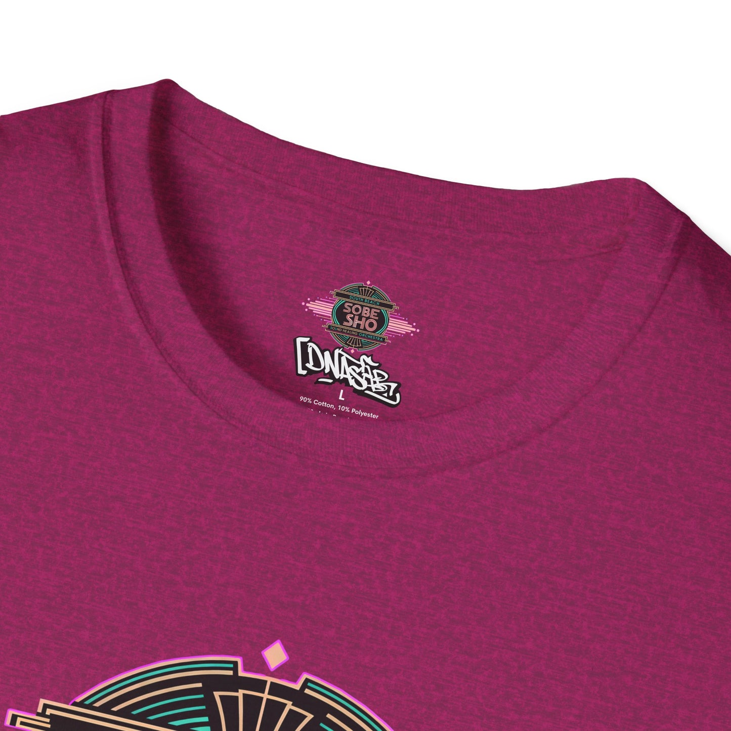 Retro Resonance Unisex Softstyle T-Shirt, South Beach Sound Healing Orchestra x [dNASAb] merch, Mindful Graphic Tee for Beach Days, Sound Healing Vibes [Front +Back Print]