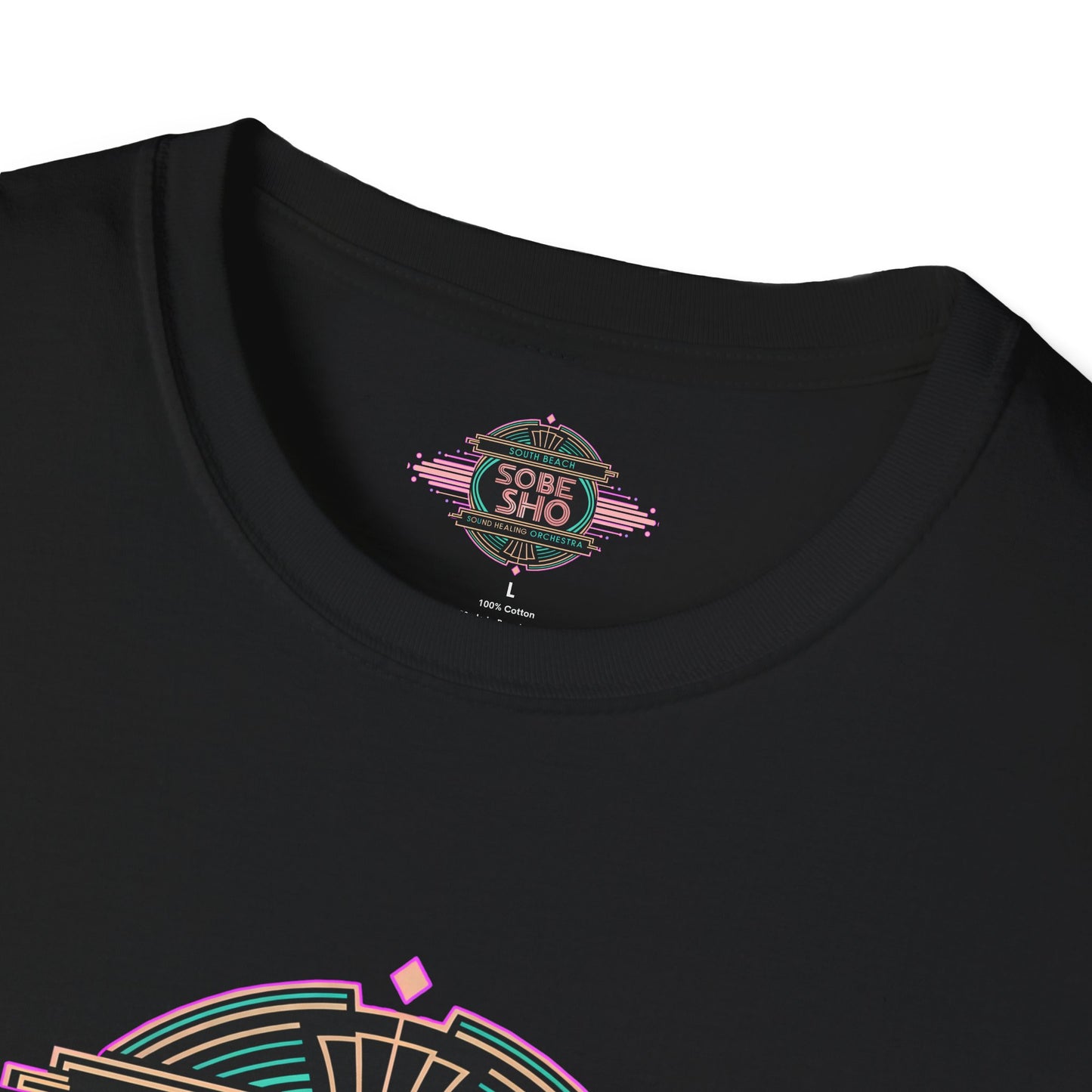 Retro Resonance  Unisex Softstyle T-Shirt, South Beach Sound Healing Orchestra x [dNASAb] merch, Mindful Graphic Tee for Beach Days, Sound Healing Vibes & Everyday Ease (front print only)