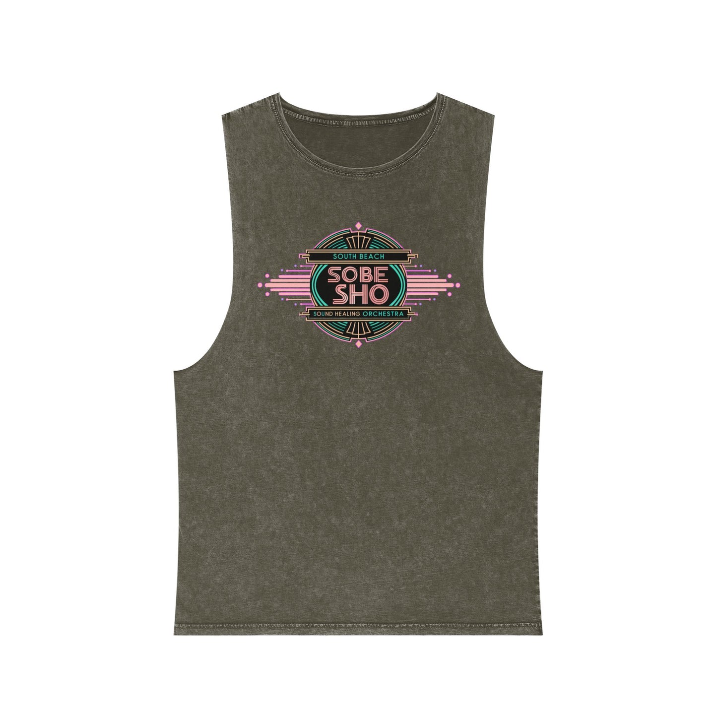 Sunwashed Flow Unisex Stonewash Tank Top, South Beach Sound Healing Orchestra x [dNASAb] collaboration,Breathable Beachwear for Sound Healing Sessions, Movement Practices [Front Print Only]