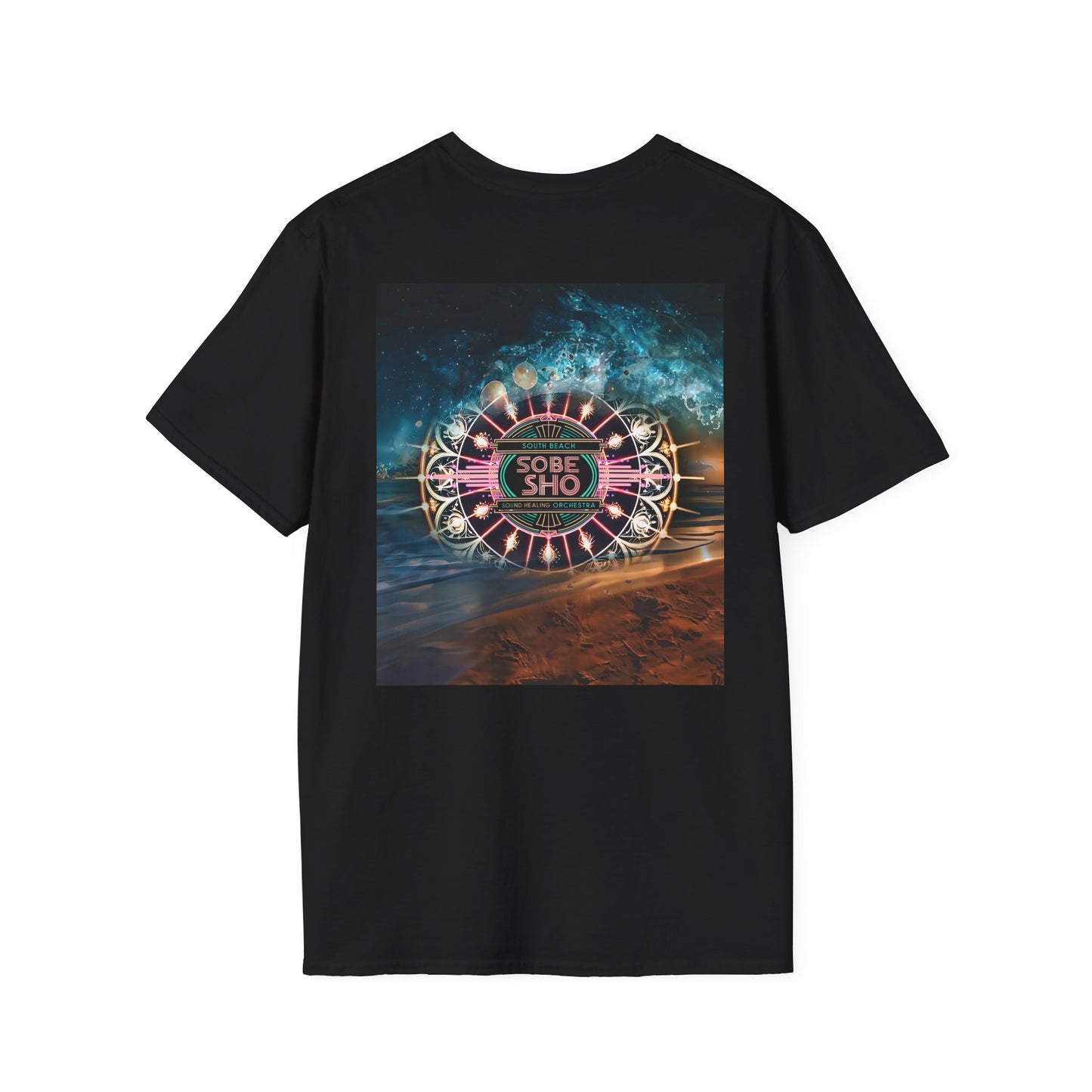 Retro Resonance Unisex Softstyle T-Shirt, South Beach Sound Healing Orchestra x [dNASAb] merch, Mindful Graphic Tee for Beach Days, Sound Healing Vibes [Front +Back Print]