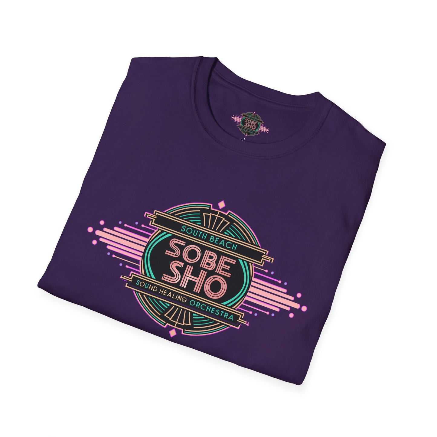 Retro Resonance  Unisex Softstyle T-Shirt, South Beach Sound Healing Orchestra x [dNASAb] merch, Mindful Graphic Tee for Beach Days, Sound Healing Vibes & Everyday Ease (front print only)