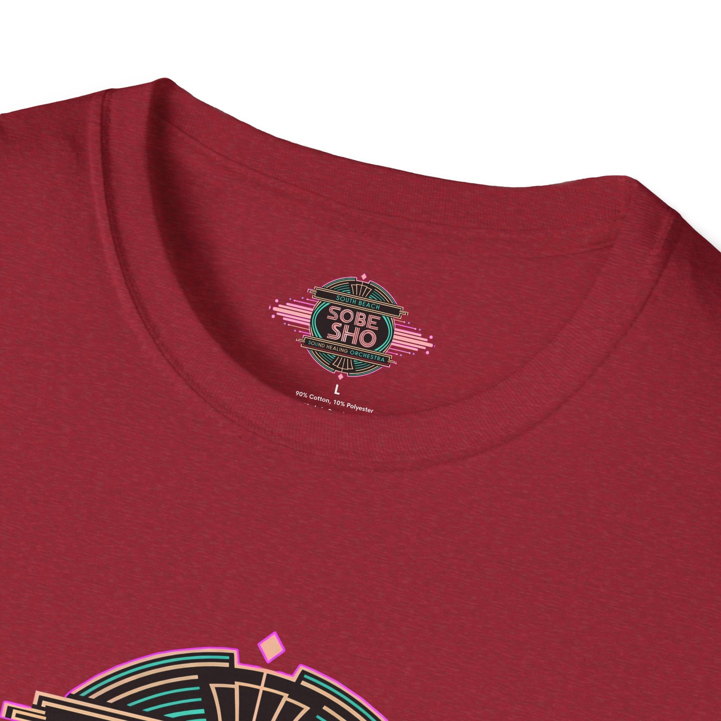 Retro Resonance  Unisex Softstyle T-Shirt, South Beach Sound Healing Orchestra x [dNASAb] merch, Mindful Graphic Tee for Beach Days, Sound Healing Vibes & Everyday Ease (front print only)