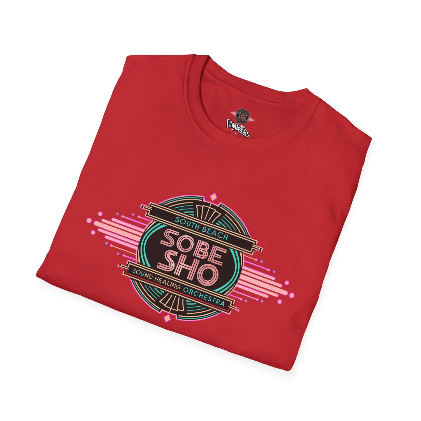 Retro Resonance Unisex Softstyle T-Shirt, South Beach Sound Healing Orchestra x [dNASAb] merch, Mindful Graphic Tee for Beach Days, Sound Healing Vibes [Front +Back Print]