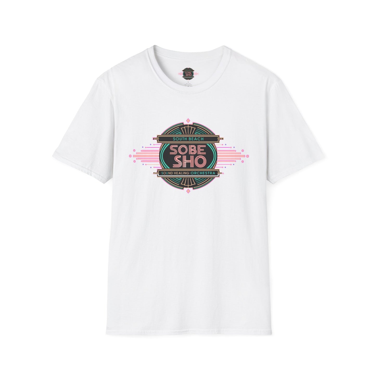Retro Resonance  Unisex Softstyle T-Shirt, South Beach Sound Healing Orchestra x [dNASAb] merch, Mindful Graphic Tee for Beach Days, Sound Healing Vibes & Everyday Ease (front print only)