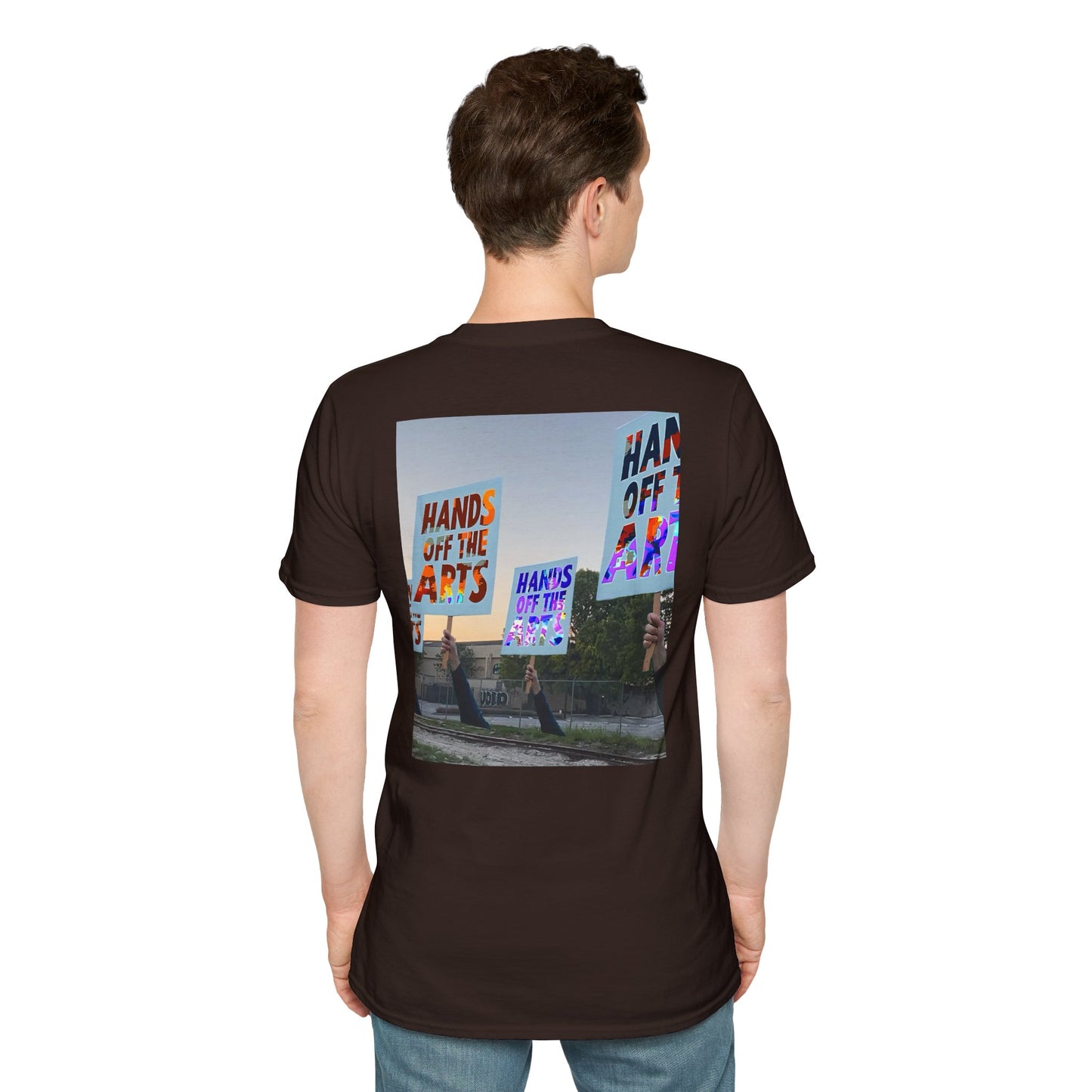 T-Shirt "Hands Off The Arts" Disruptive Media Arts™ Logo Tee – Signal Gear™ Core Uniform [Front + Back Print] Softstyle, Unisex Tee