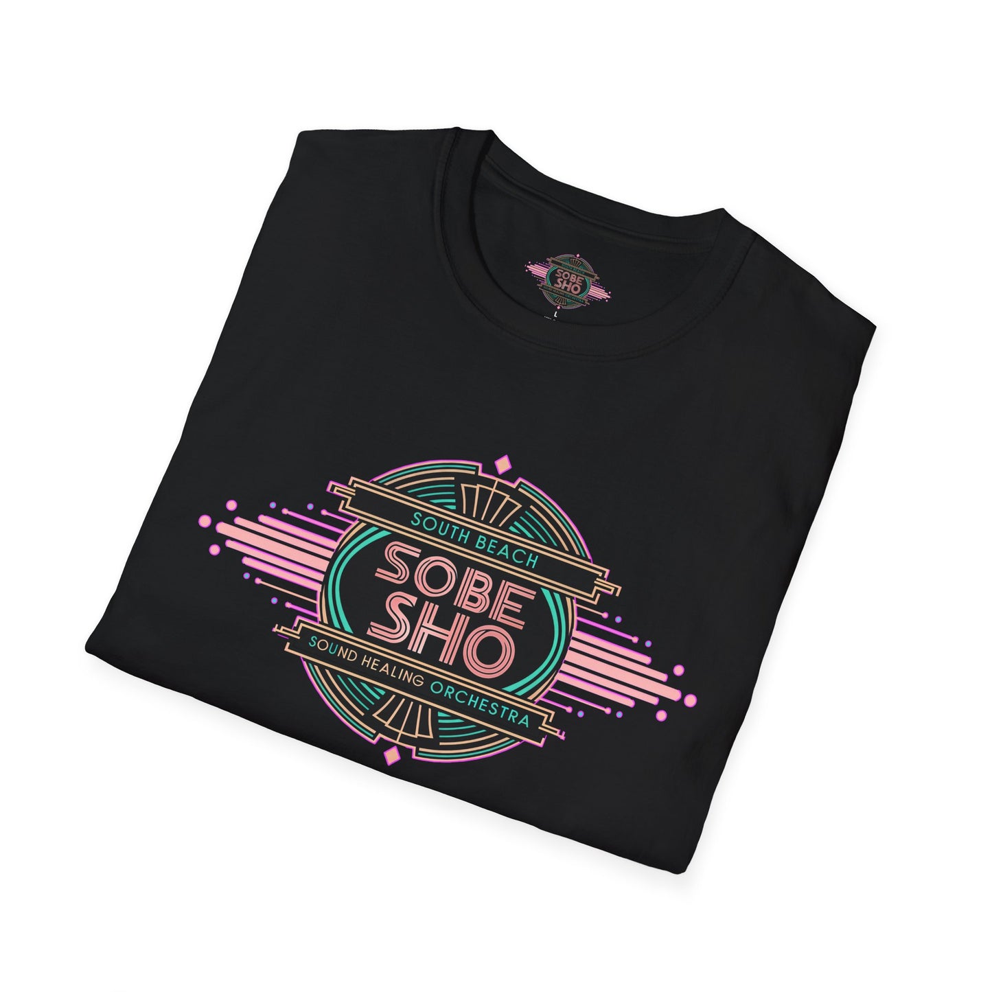 Retro Resonance  Unisex Softstyle T-Shirt, South Beach Sound Healing Orchestra x [dNASAb] merch, Mindful Graphic Tee for Beach Days, Sound Healing Vibes & Everyday Ease (front print only)