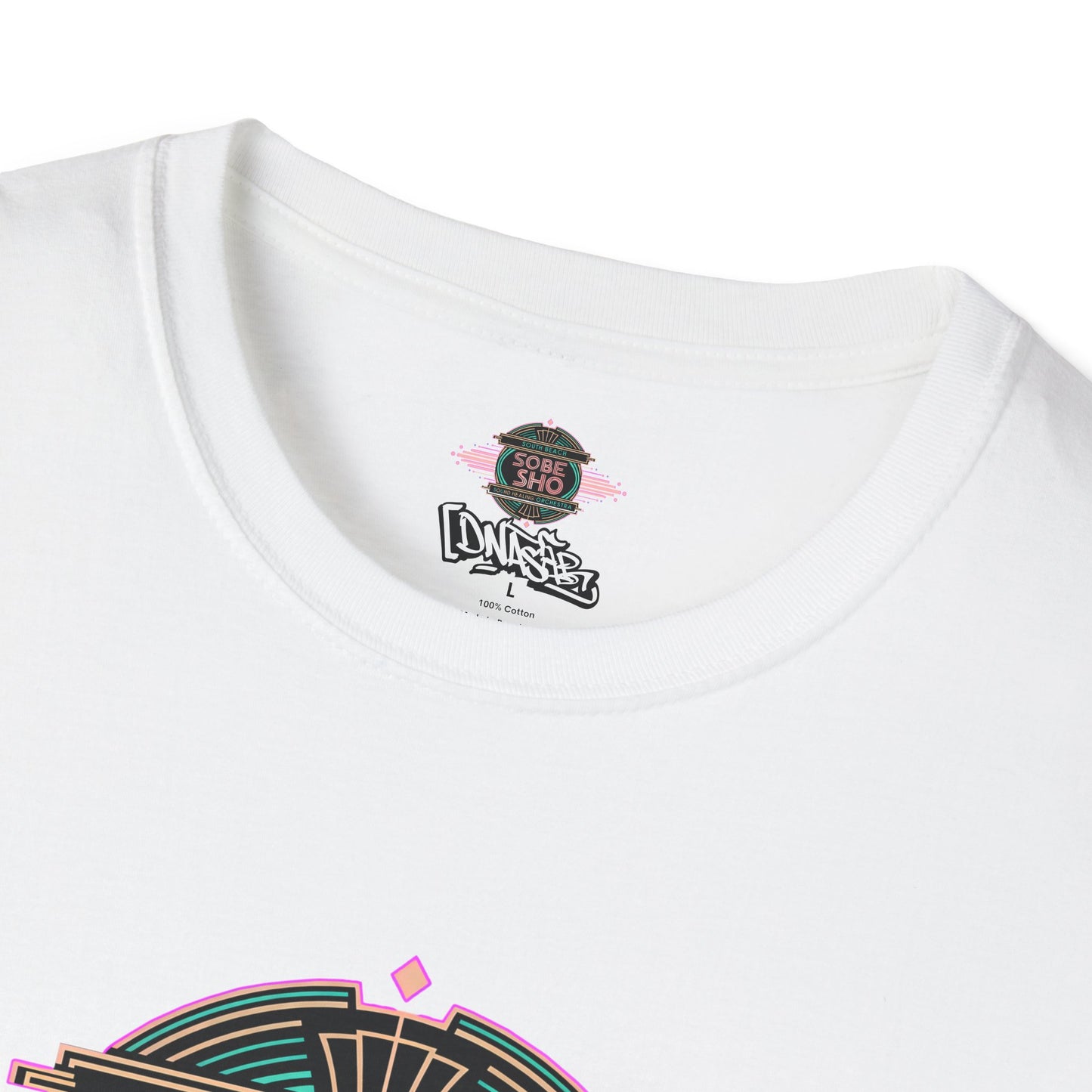 Retro Resonance Unisex Softstyle T-Shirt, South Beach Sound Healing Orchestra x [dNASAb] merch, Mindful Graphic Tee for Beach Days, Sound Healing Vibes [Front +Back Print]