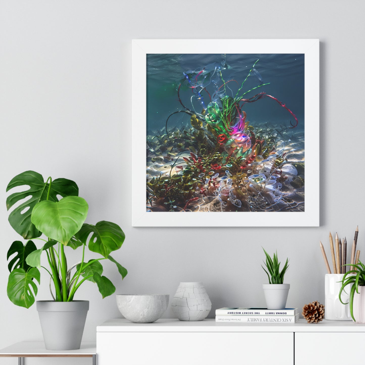 9_[dNASAb] “Faux Ecologies + Augmented Nature-verse #3A” (2024) – Framed Square Art Poster with Augmented Reality | AI-Trained Ocean Debris Sculpture Print