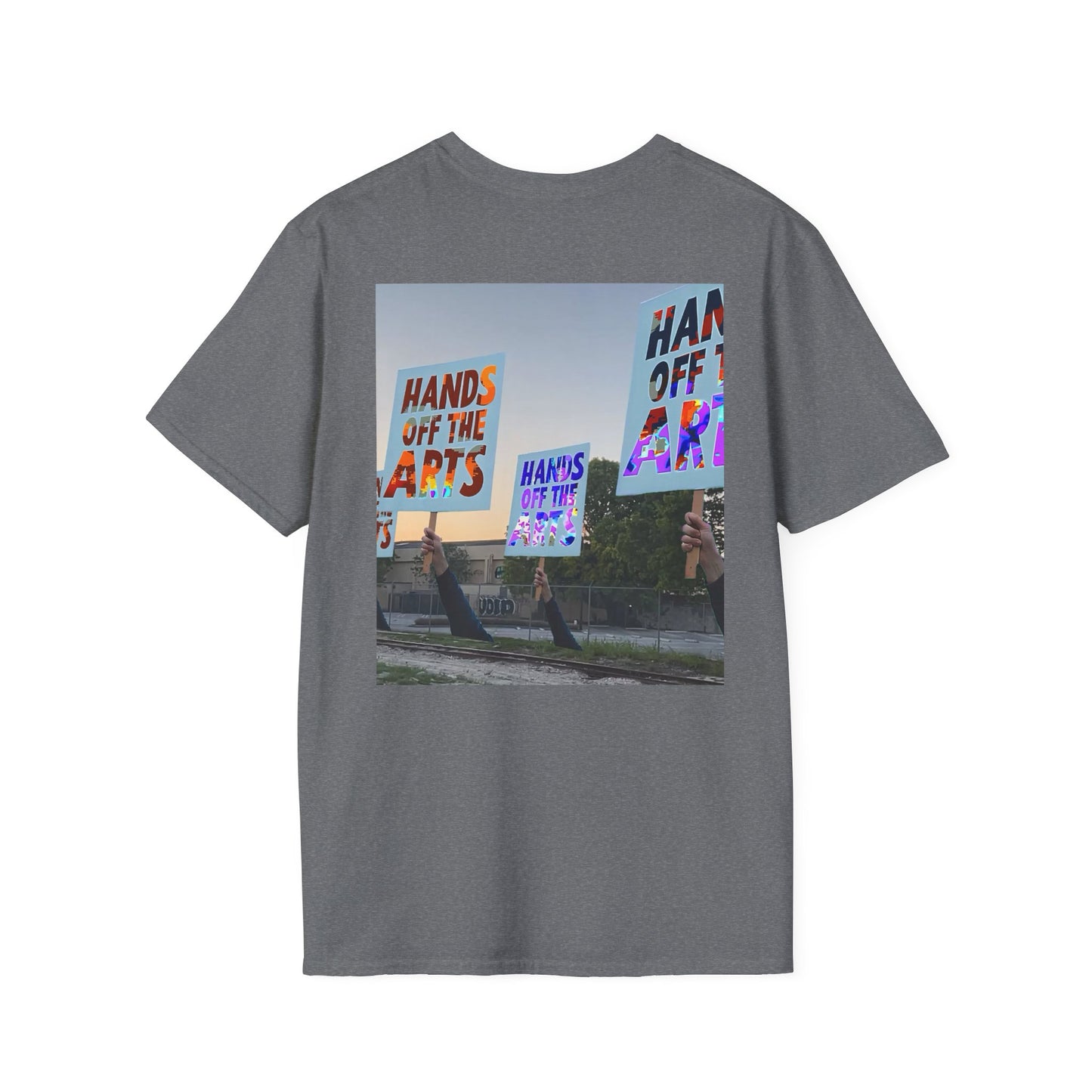 T-Shirt "Hands Off The Arts" Disruptive Media Arts™ Logo Tee – Signal Gear™ Core Uniform [Front + Back Print] Softstyle, Unisex Tee