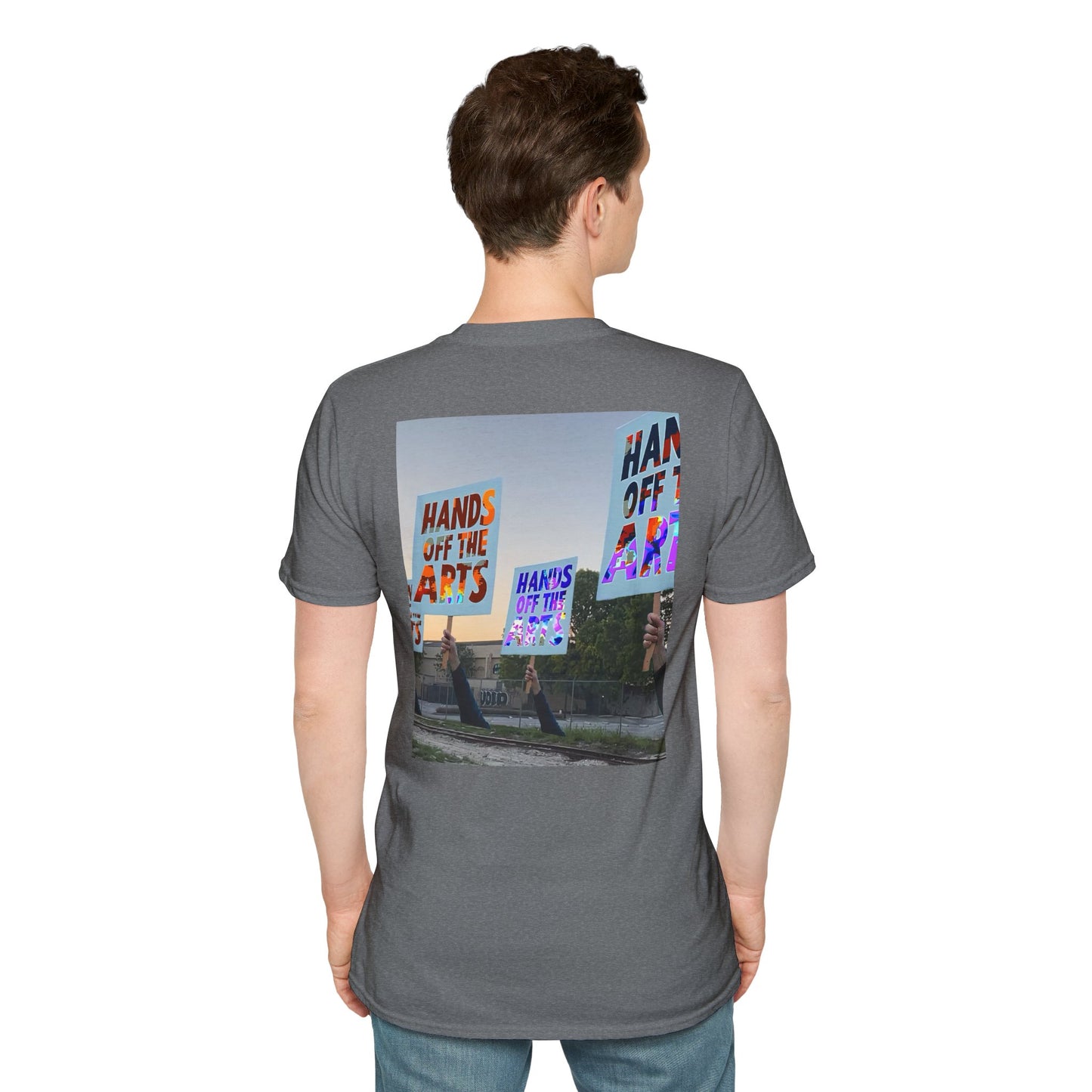 T-Shirt "Hands Off The Arts" Disruptive Media Arts™ Logo Tee – Signal Gear™ Core Uniform [Front + Back Print] Softstyle, Unisex Tee